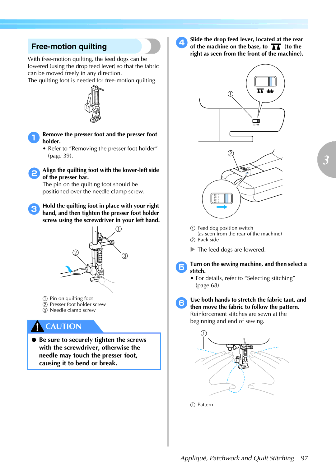 Brother 885-S61 operation manual Free-motion quilting, Turnstitch.on the sewing machine, and then select a 