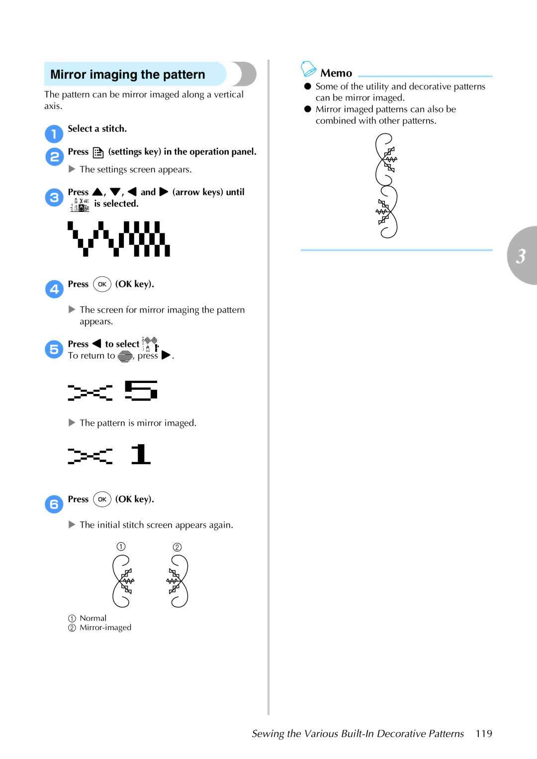 Brother 885-S61 operation manual Mirror imaging the pattern, Select a stitch Press settings key in the operation panel 