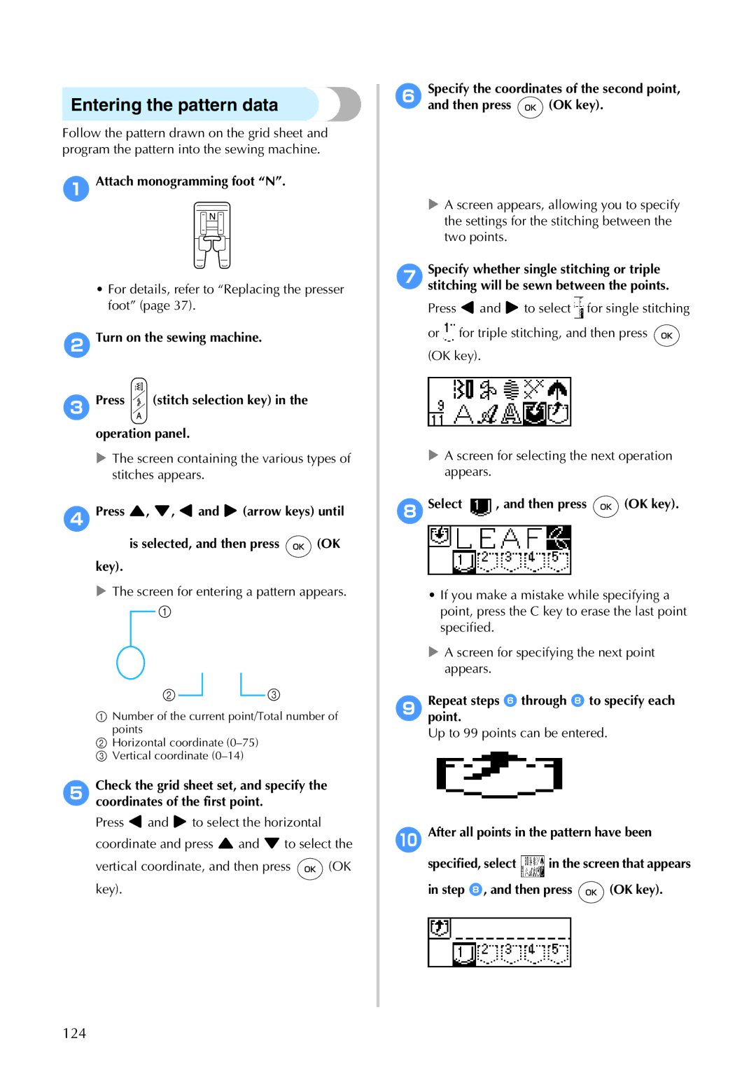 Brother 885-S61 operation manual Entering the pattern data, 8Select , and then press OK key 