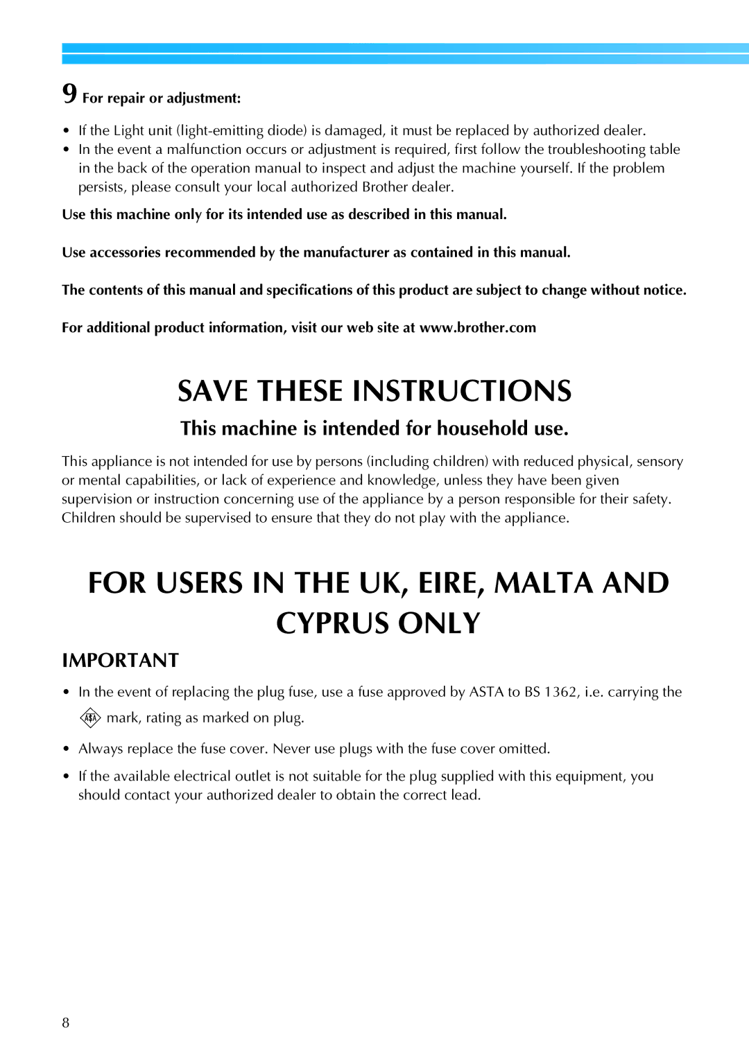 Brother 885-S61 operation manual For Users in the UK, EIRE, Malta Cyprus only 