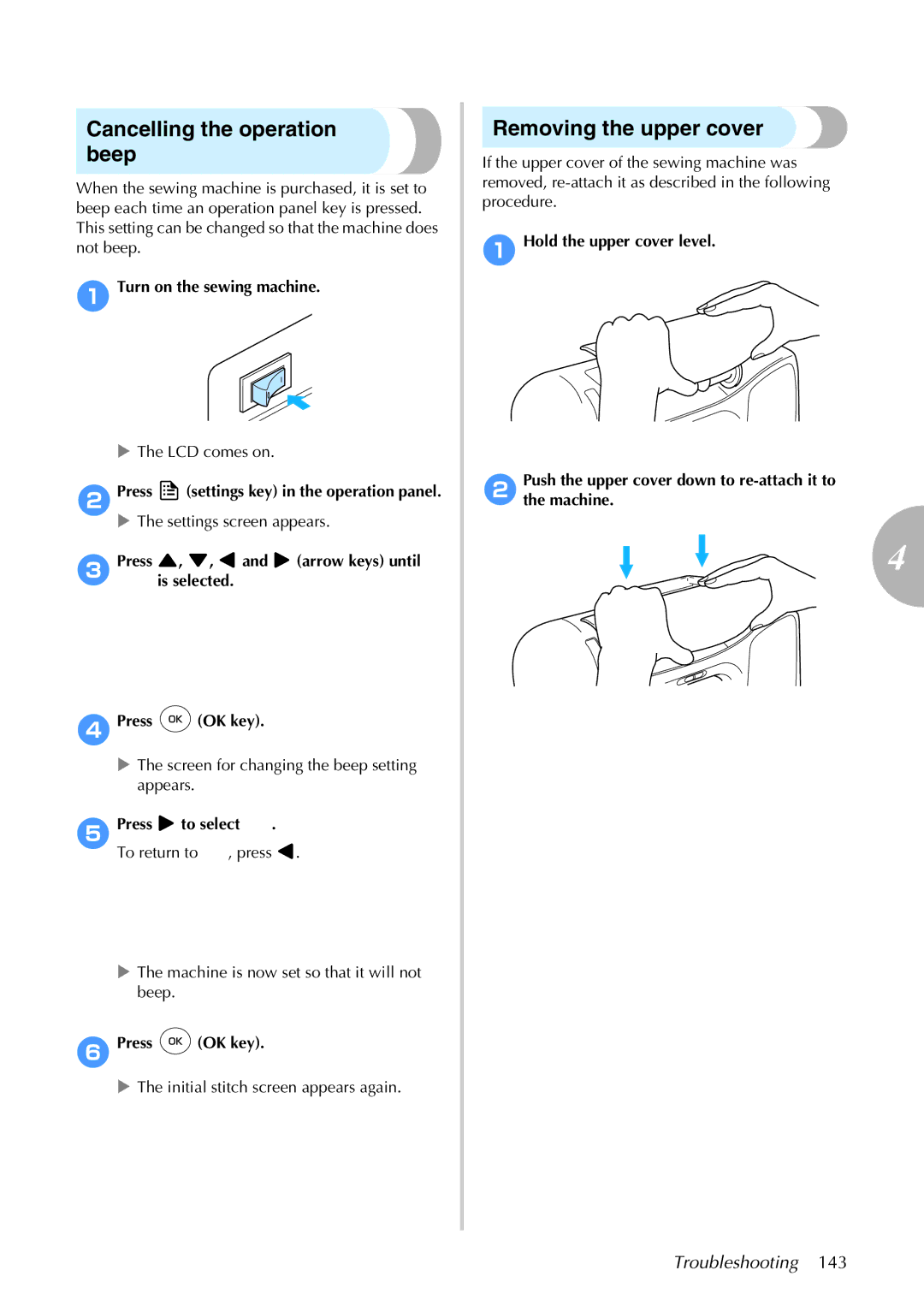 Brother 885-S61 operation manual Cancelling the operation beep, Removing the upper cover, 5Press To select To return to 