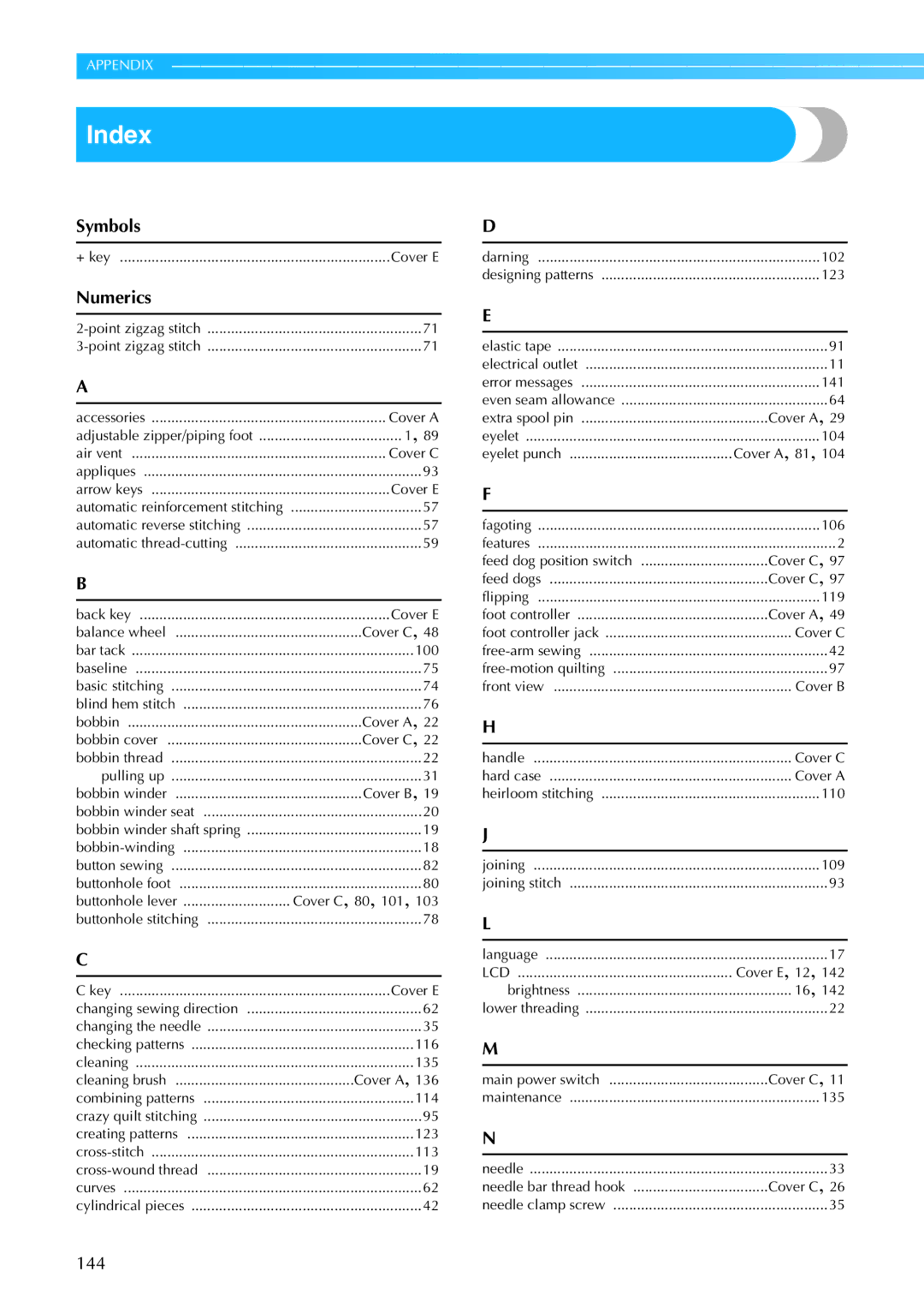 Brother 885-S61 operation manual Index, Numerics 