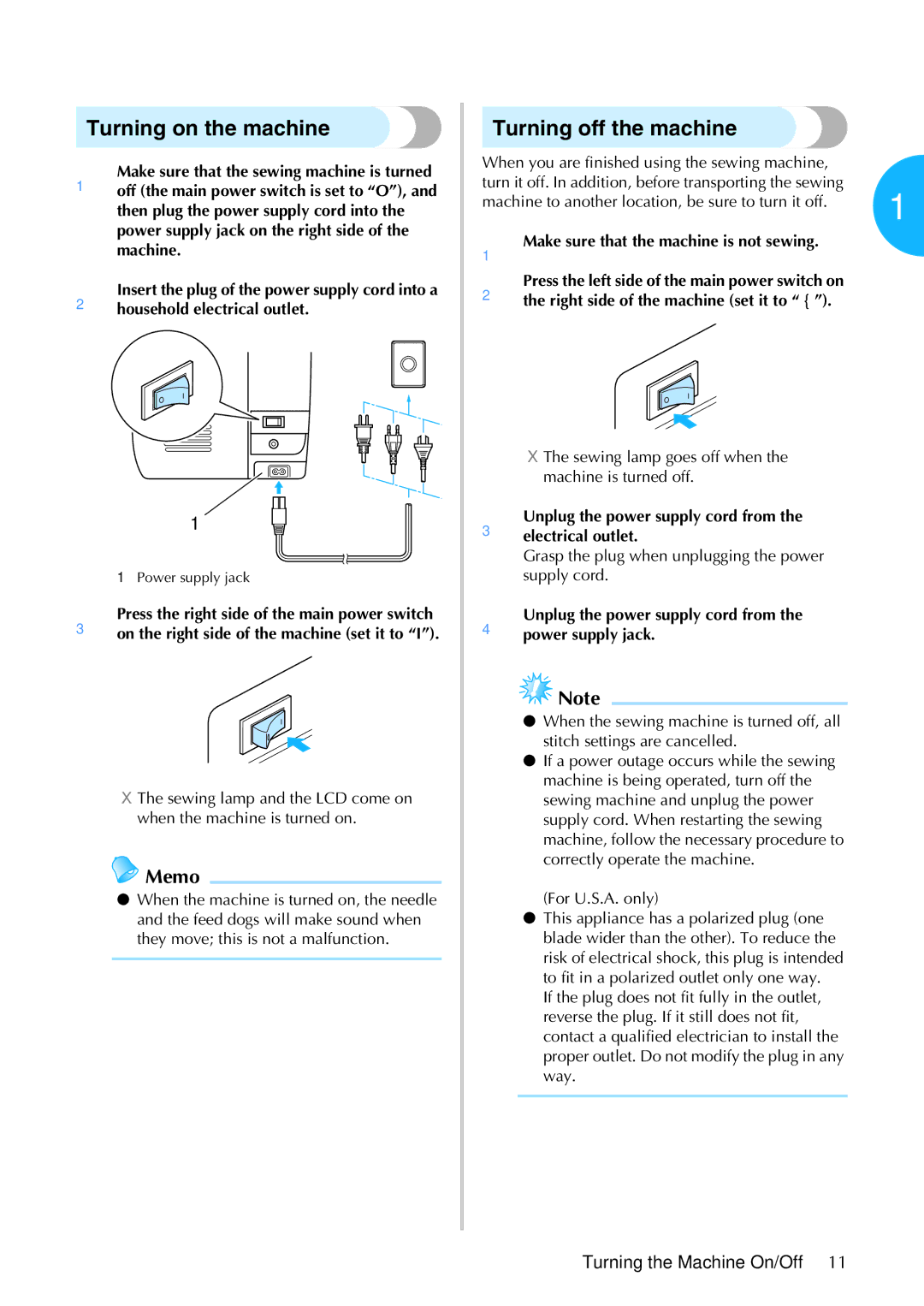 Brother 885-S61 operation manual Turning on the machine, Turning off the machine, Turning the Machine On/Off 