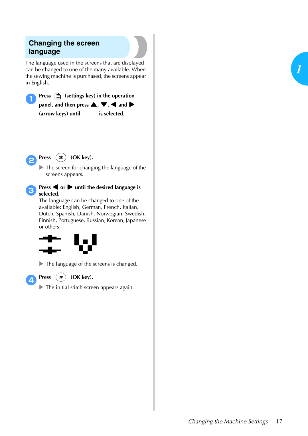 Brother 885-S61 operation manual Changing the screen language, Press OK key 