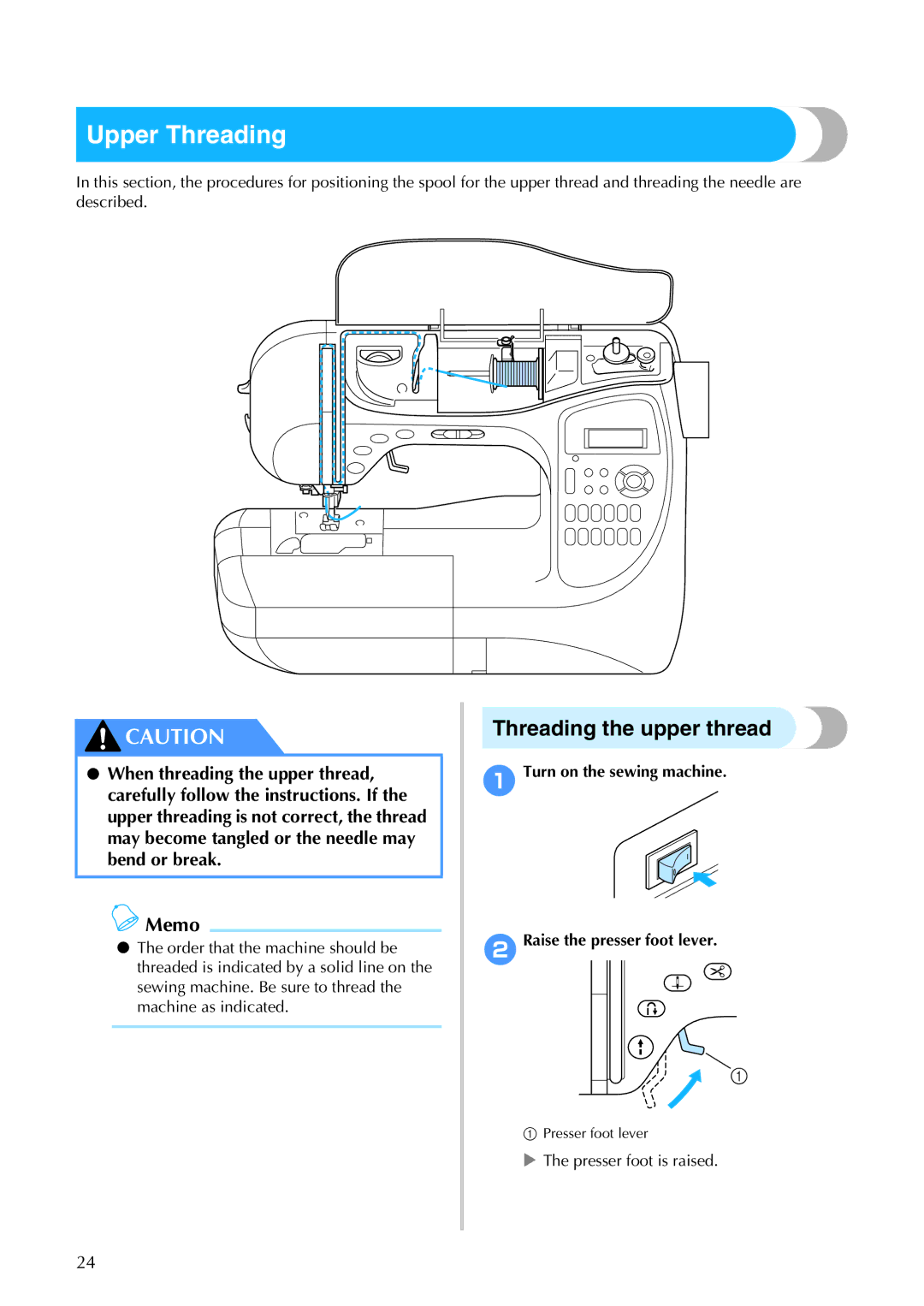 Brother 885-S61 Upper Threading, Threading the upper thread, 1Turn on the sewing machine 2Raise the presser foot lever 