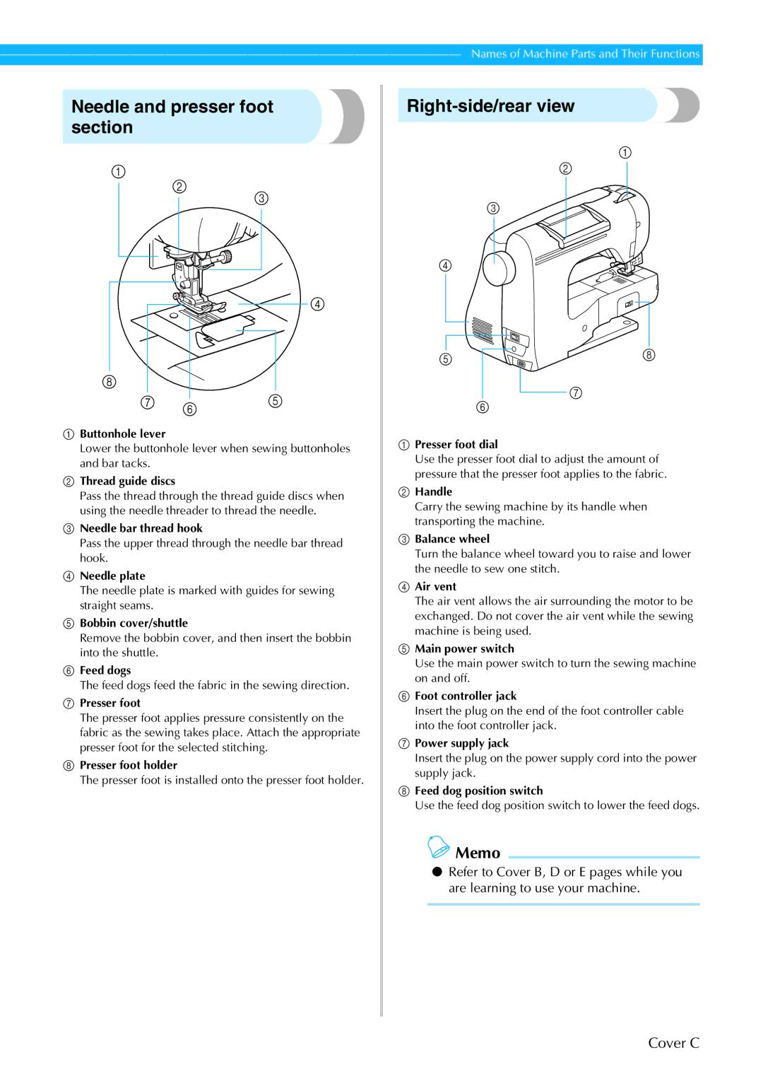 Brother 885-S61 operation manual Needle and presser foot section, Right-side/rear view 