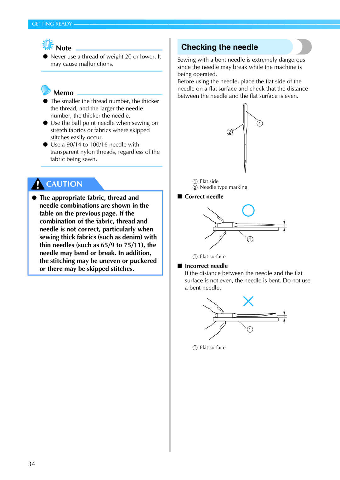 Brother 885-S61 operation manual Checking the needle, Correct needle, Incorrect needle 