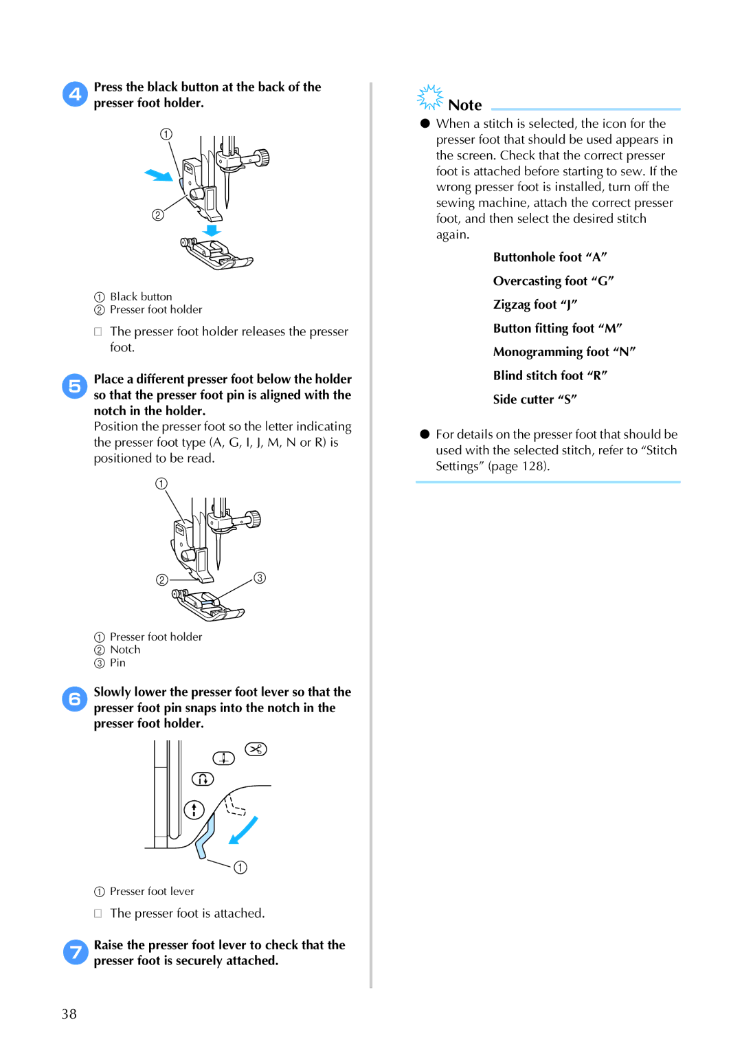 Brother 885-S61 operation manual Presser foot holder releases the presser foot 