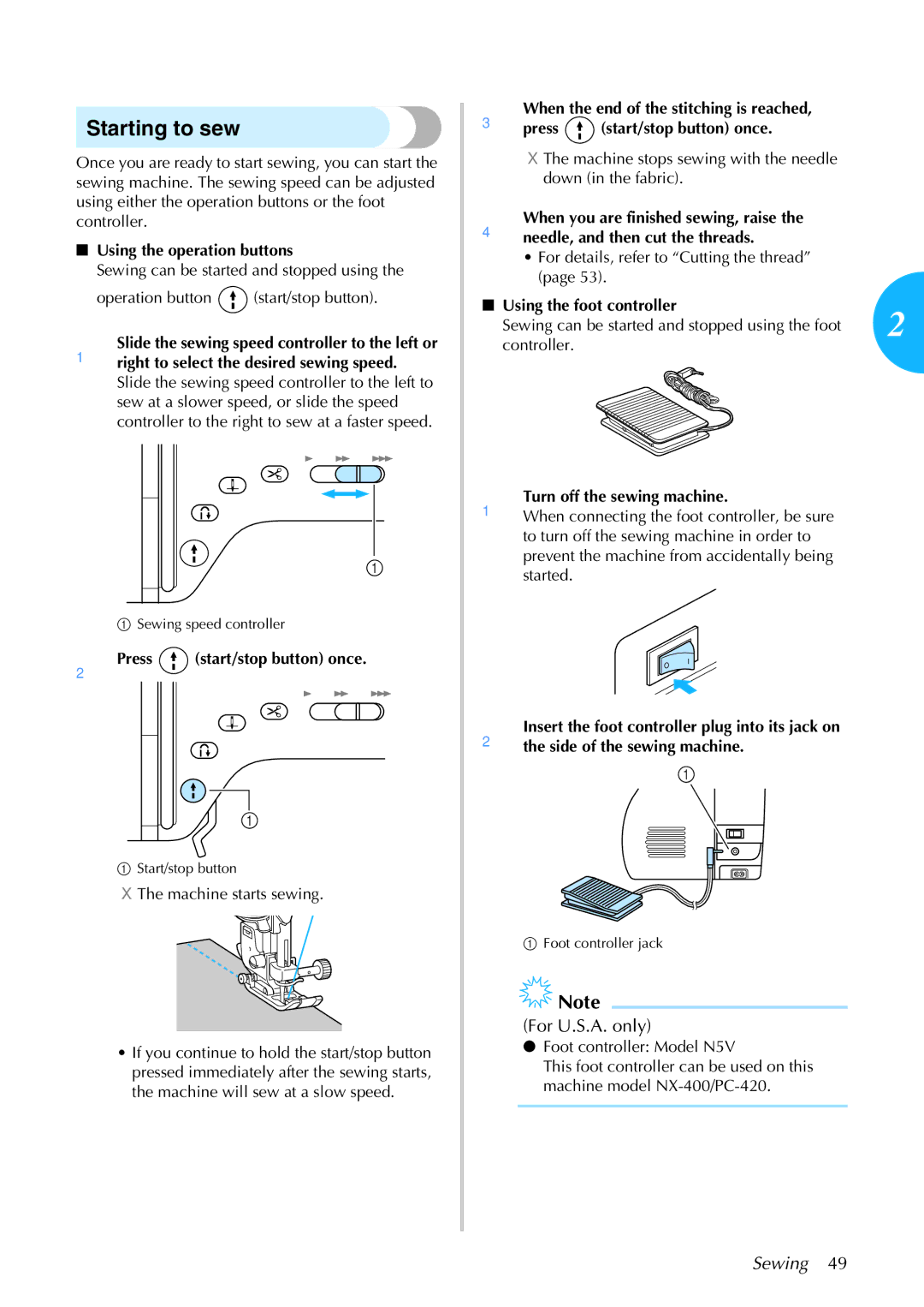 Brother 885-S61 operation manual Starting to sew 