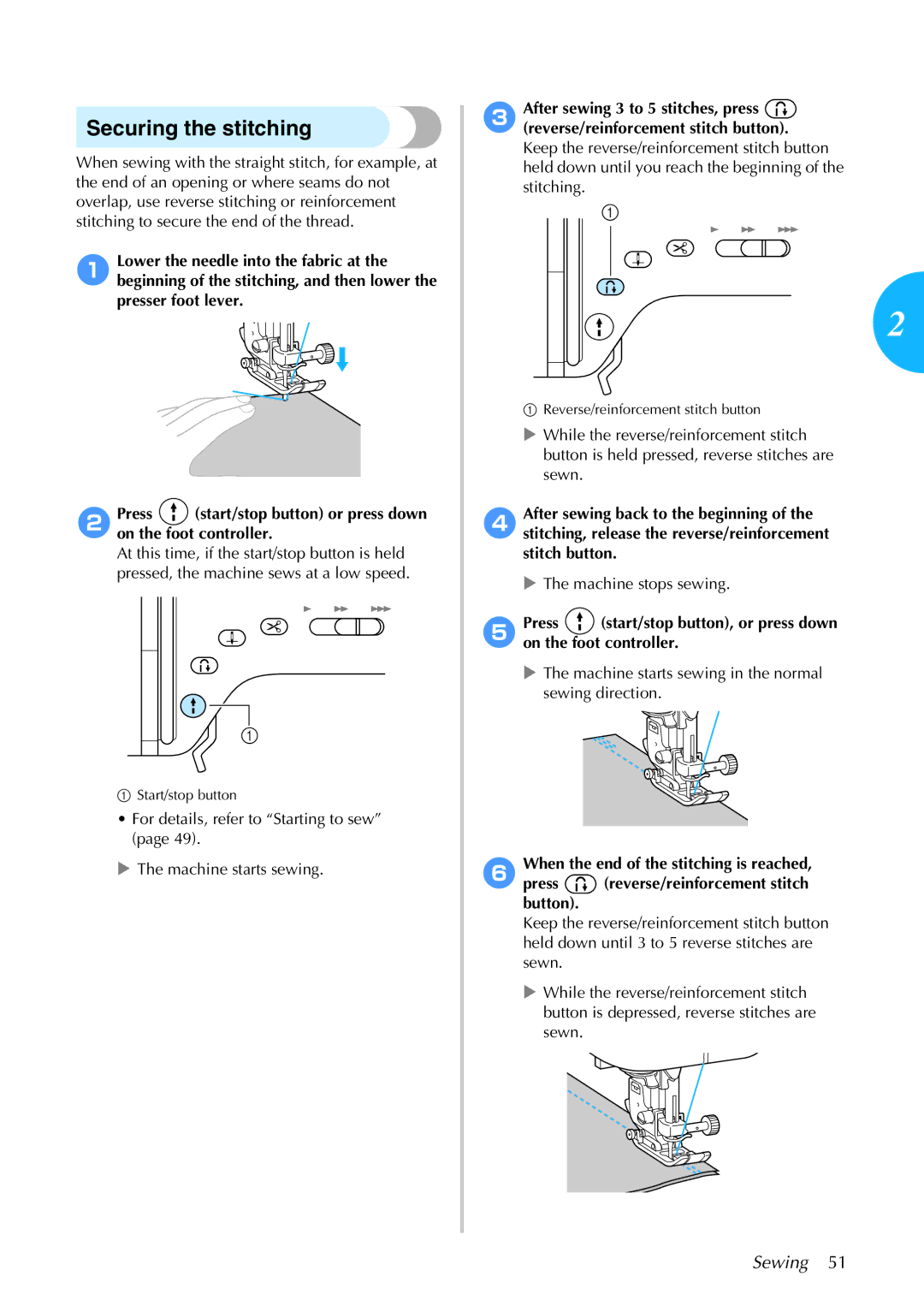 Brother 885-S61 operation manual Securing the stitching 