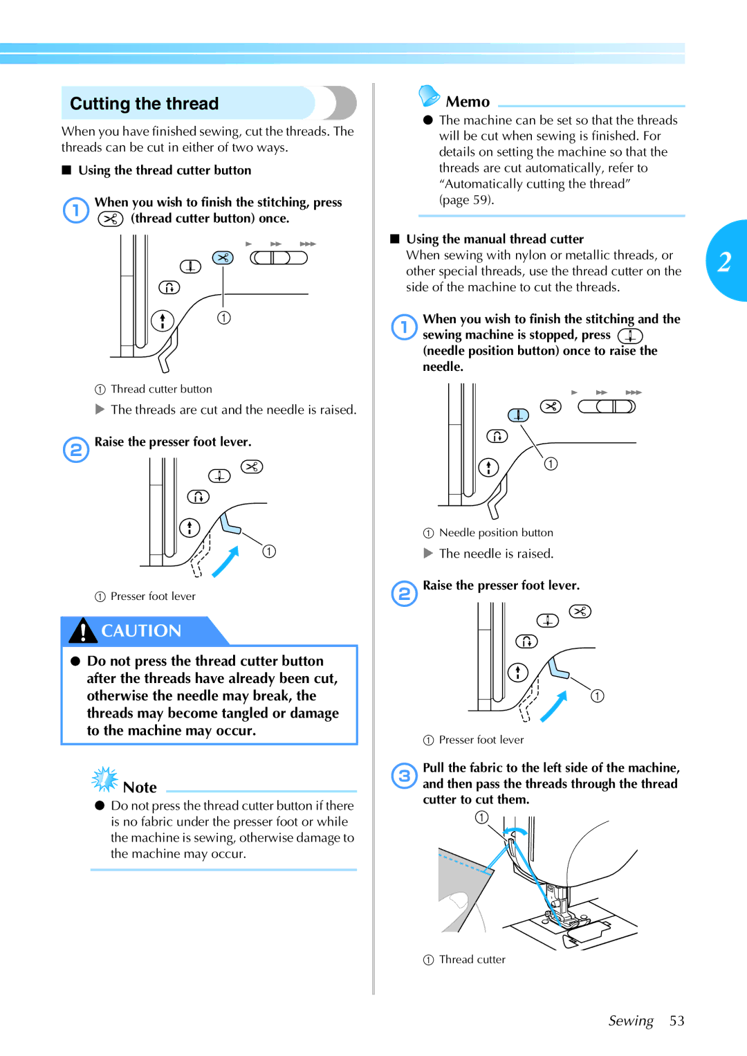 Brother 885-S61 operation manual Cutting the thread, Using the manual thread cutter 