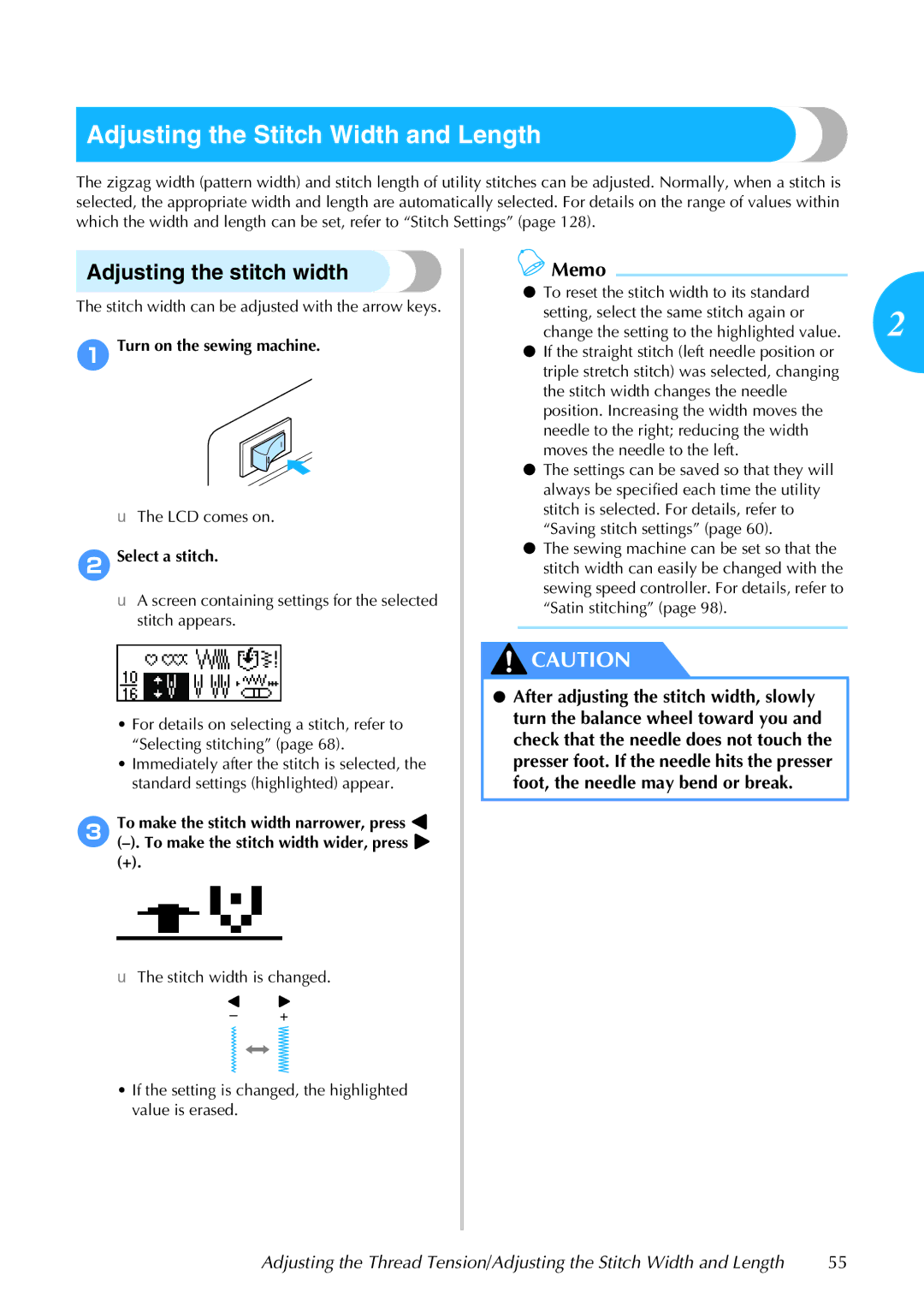 Brother 885-S61 operation manual Adjusting the Stitch Width and Length, Adjusting the stitch width, 2Select a stitch 