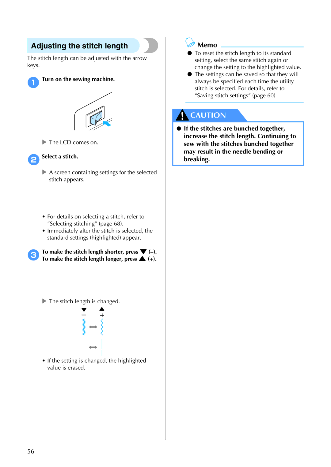 Brother 885-S61 operation manual Adjusting the stitch length 