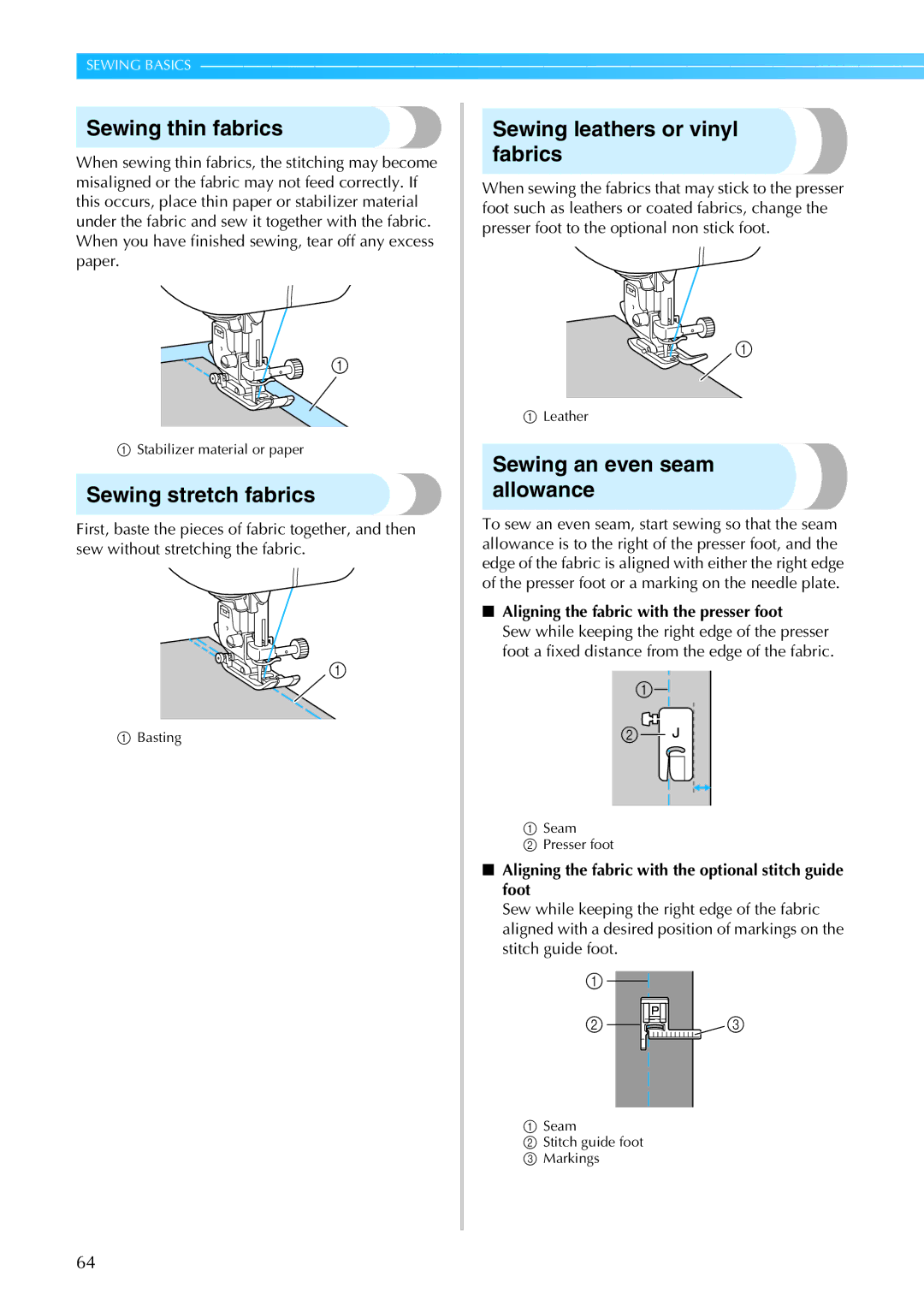 Brother 885-S61 operation manual Sewing thin fabrics, Sewing stretch fabrics, Sewing leathers or vinyl fabrics 