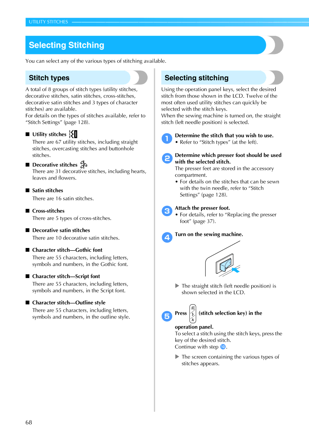 Brother 885-S61 operation manual Selecting Stitching, Stitch types, Selecting stitching 