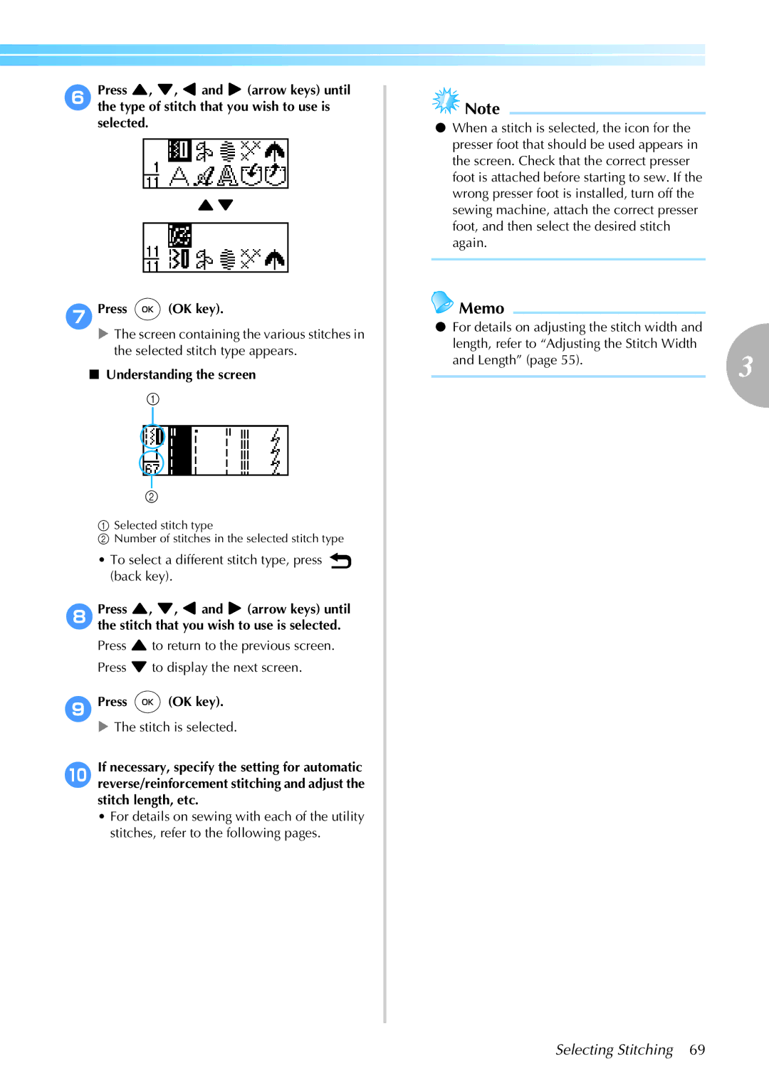 Brother 885-S61 operation manual Selecting Stitching, Understanding the screen, 9Press OK key 