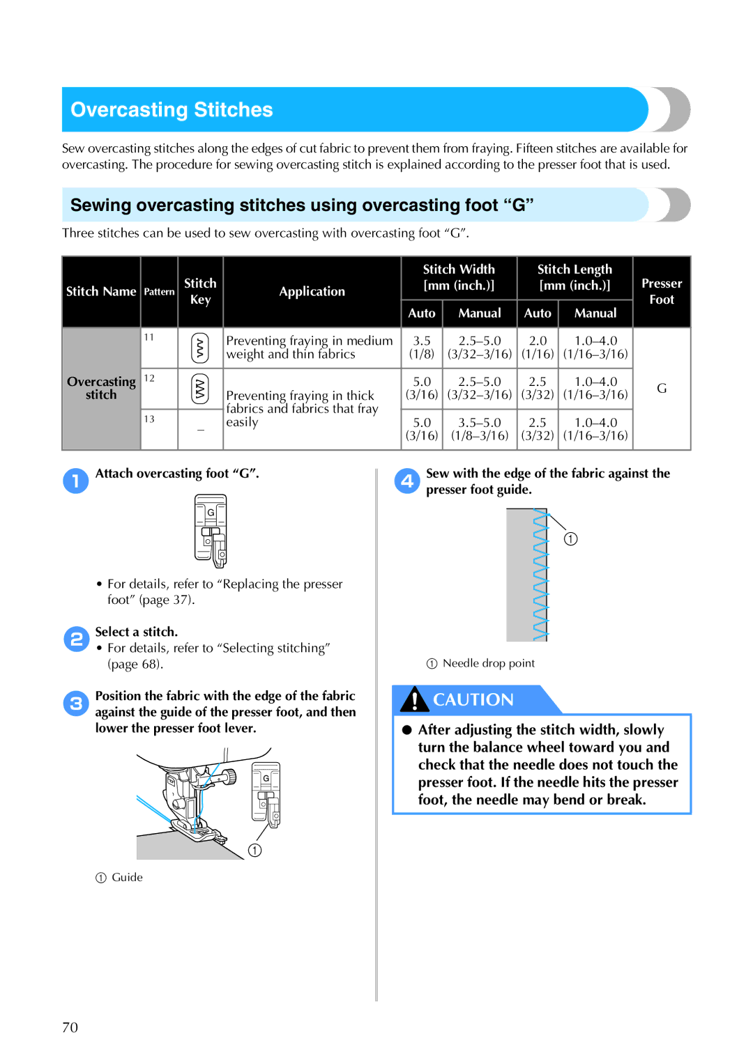 Brother 885-S61 Overcasting Stitches, Sewing overcasting stitches using overcasting foot G, Attach overcasting foot G 