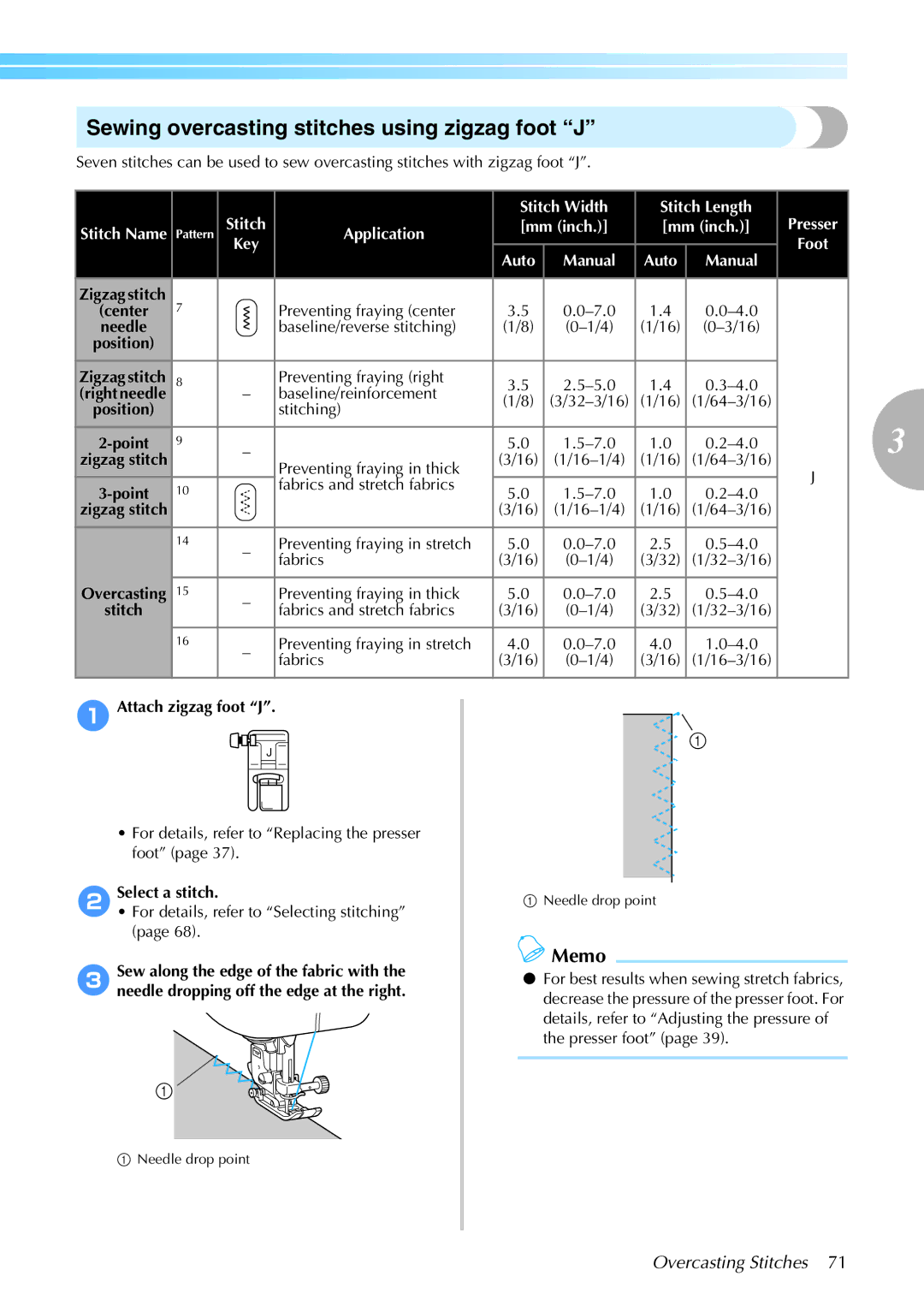 Brother 885-S61 operation manual Sewing overcasting stitches using zigzag foot J, Overcasting Stitches 