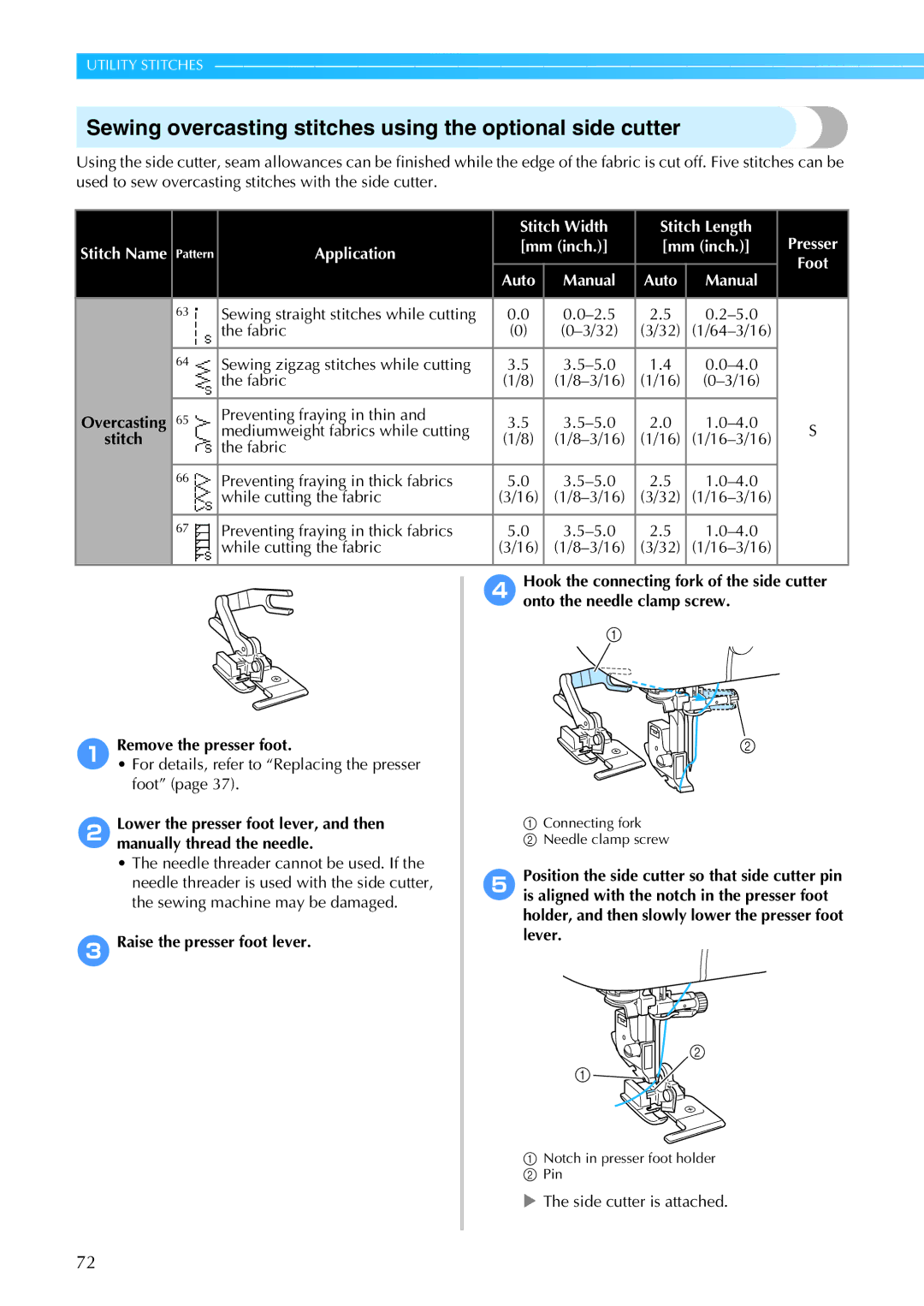 Brother 885-S61 operation manual Sewing overcasting stitches using the optional side cutter, Remove the presser foot 