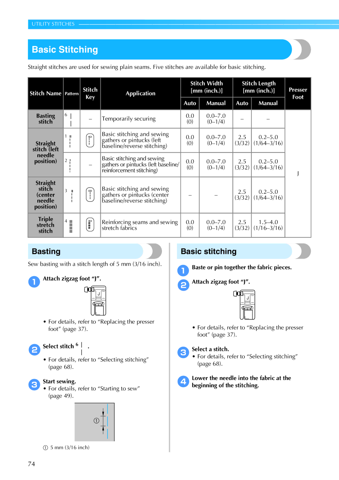 Brother 885-S61 operation manual Basic Stitching, Basting, Basic stitching 