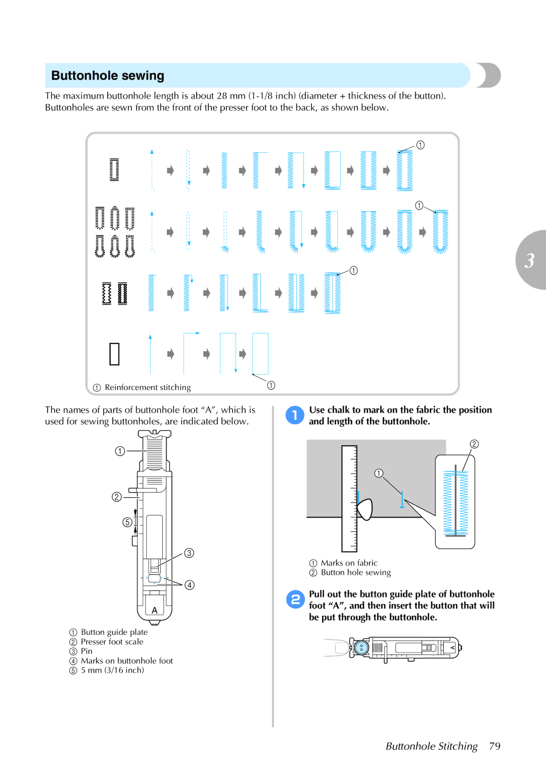 Brother 885-S61 operation manual Buttonhole sewing, Buttonhole Stitching 