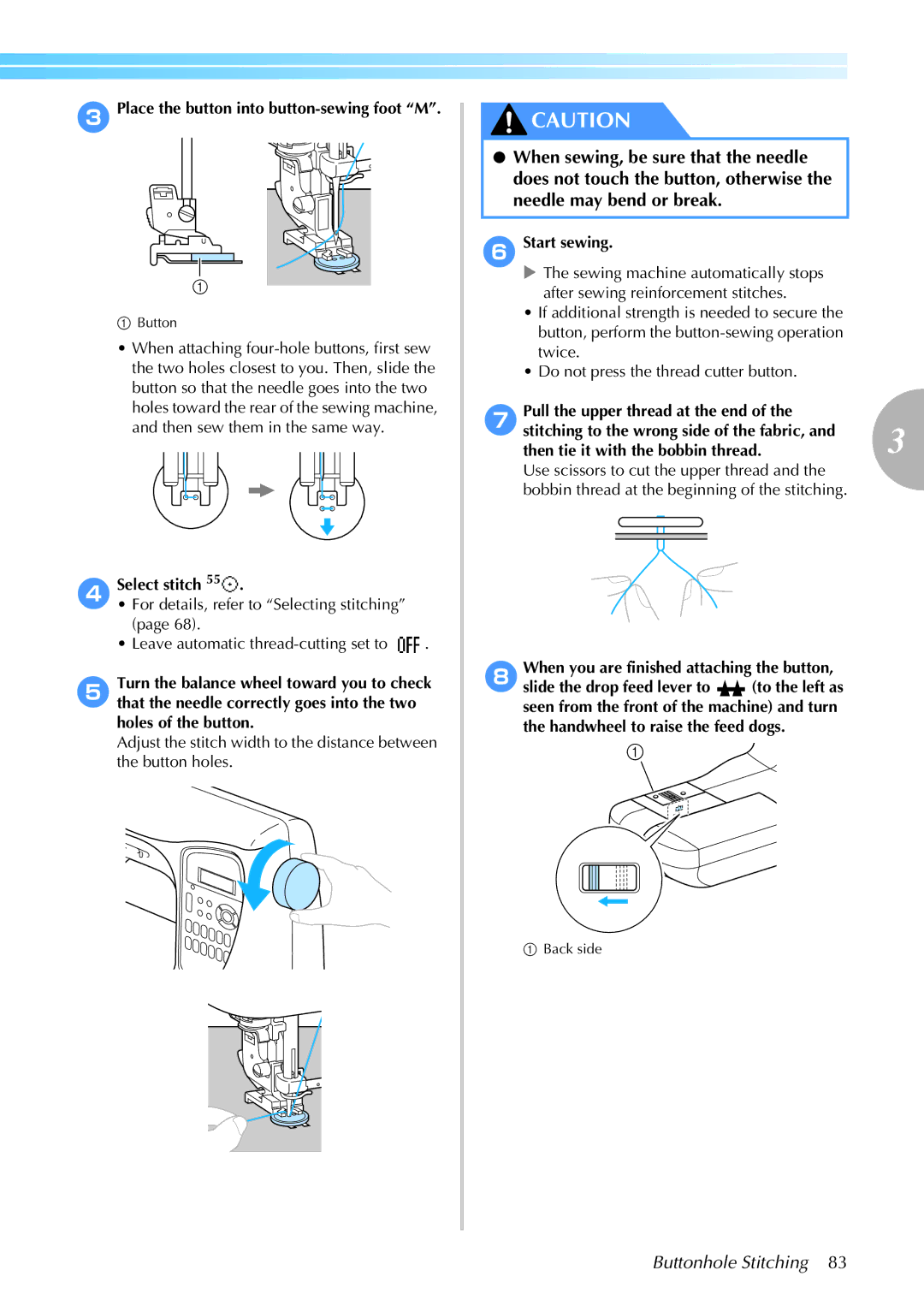 Brother 885-S61 operation manual 3Place the button into button-sewing foot M, 4Select stitch, 6Start sewing 