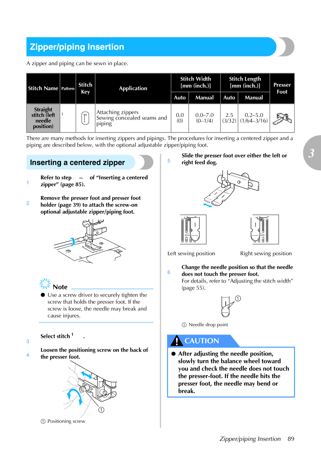 Brother 885-S61 operation manual Zipper/piping Insertion, Refer to -4of Inserting a centered zipper 