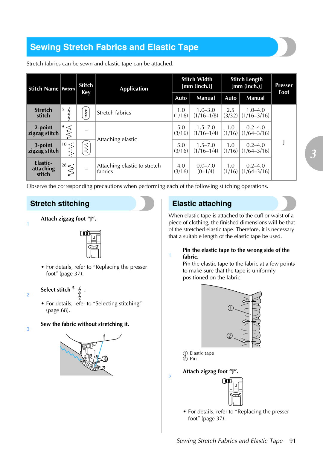 Brother 885-S61 operation manual Sewing Stretch Fabrics and Elastic Tape, Stretch stitching, Elastic attaching 