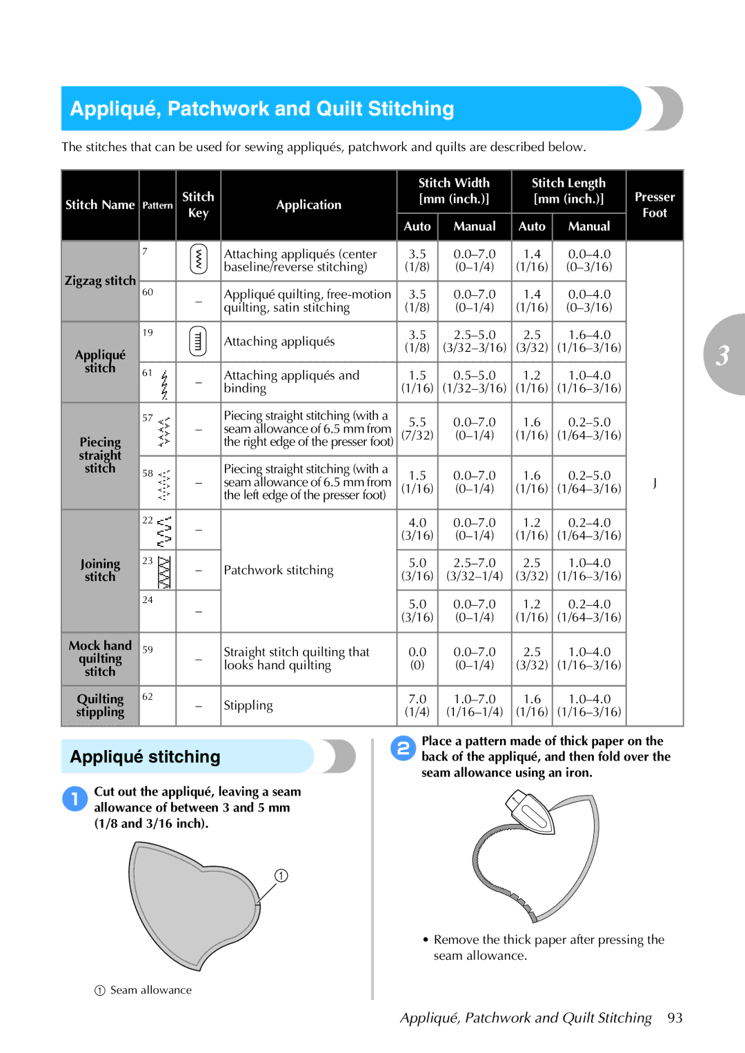Brother 885-S61 operation manual Appliqué, Patchwork and Quilt Stitching, Appliqué stitching, Quilting 