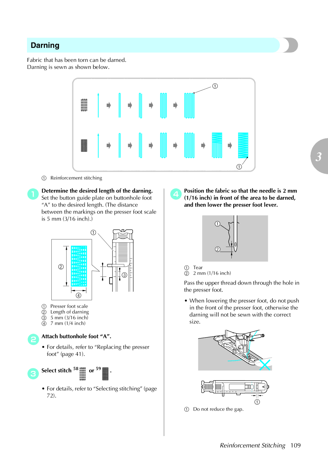 Brother 285C, 885-U22 operation manual Darning, CSelect stitch 58 or 