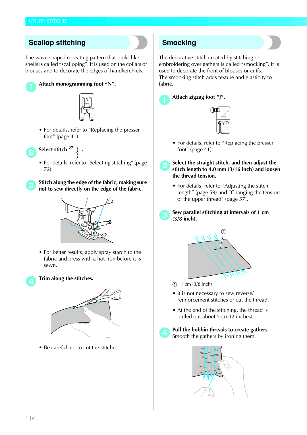 Brother 885-U22, 285C operation manual Scallop stitching, Smocking, 114 