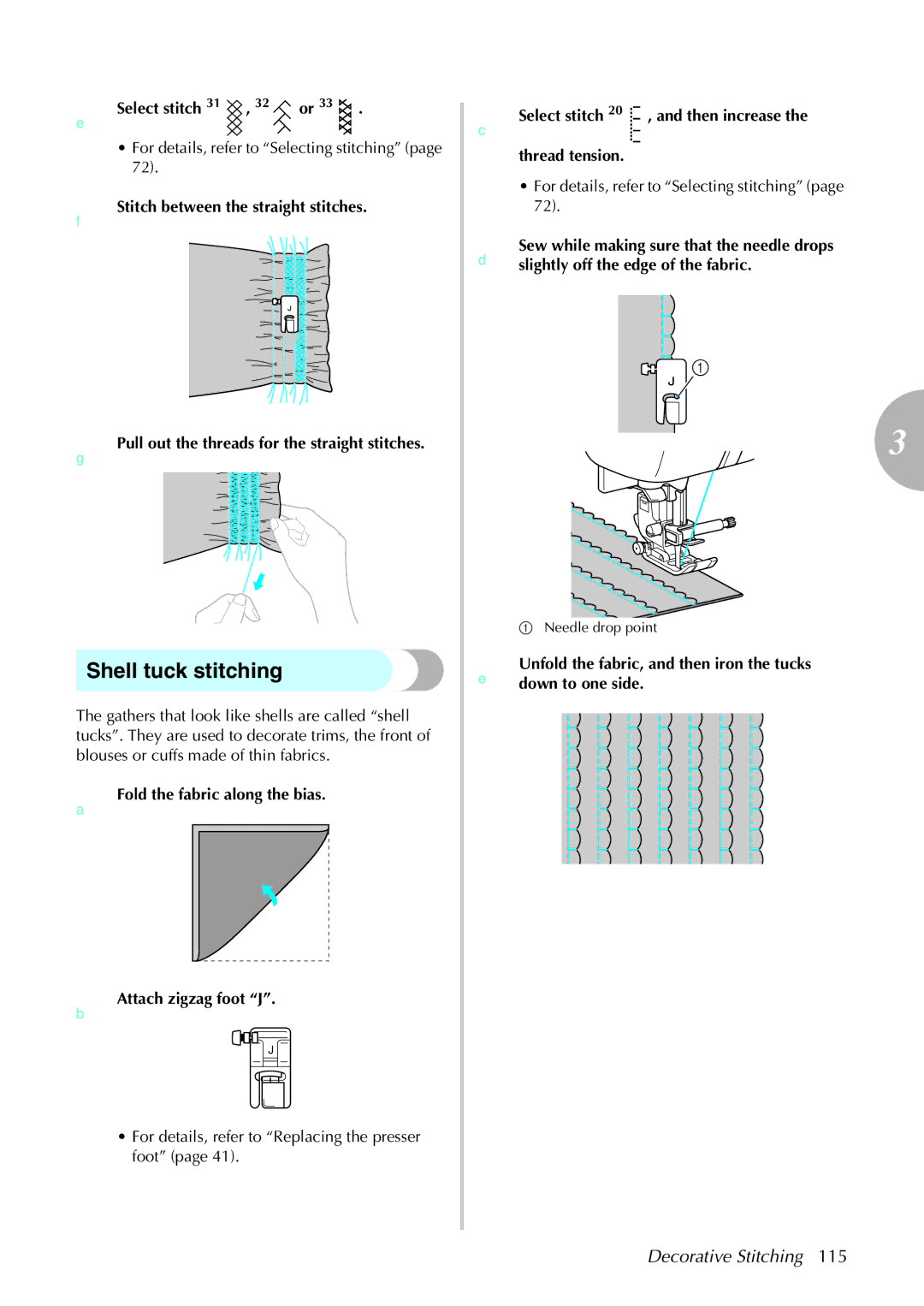 Brother 285C, 885-U22 operation manual Shell tuck stitching, ESelect stitch 31 , 32 or 