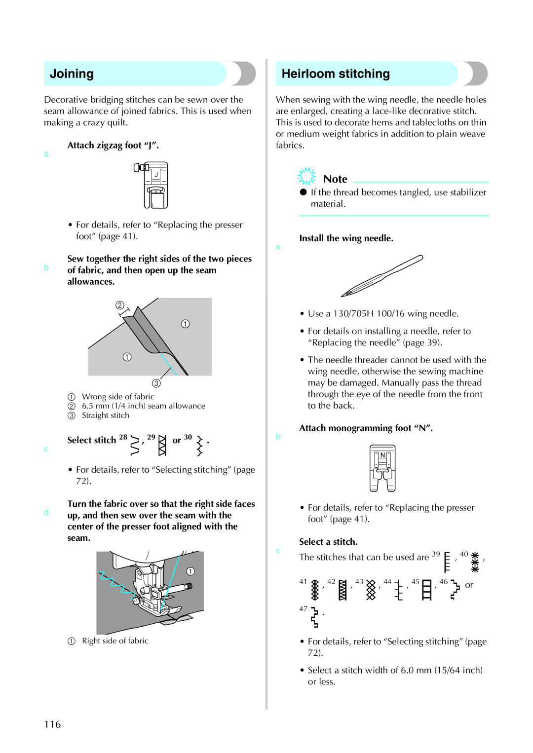 Brother 885-U22, 285C operation manual Joining, Heirloom stitching, 116 