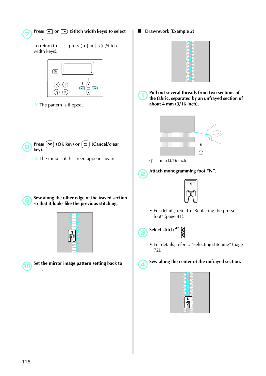 Brother 885-U22, 285C operation manual 118, GPress. or Stitch width keys to select, HPresskey. OK key or Cancel/clear 