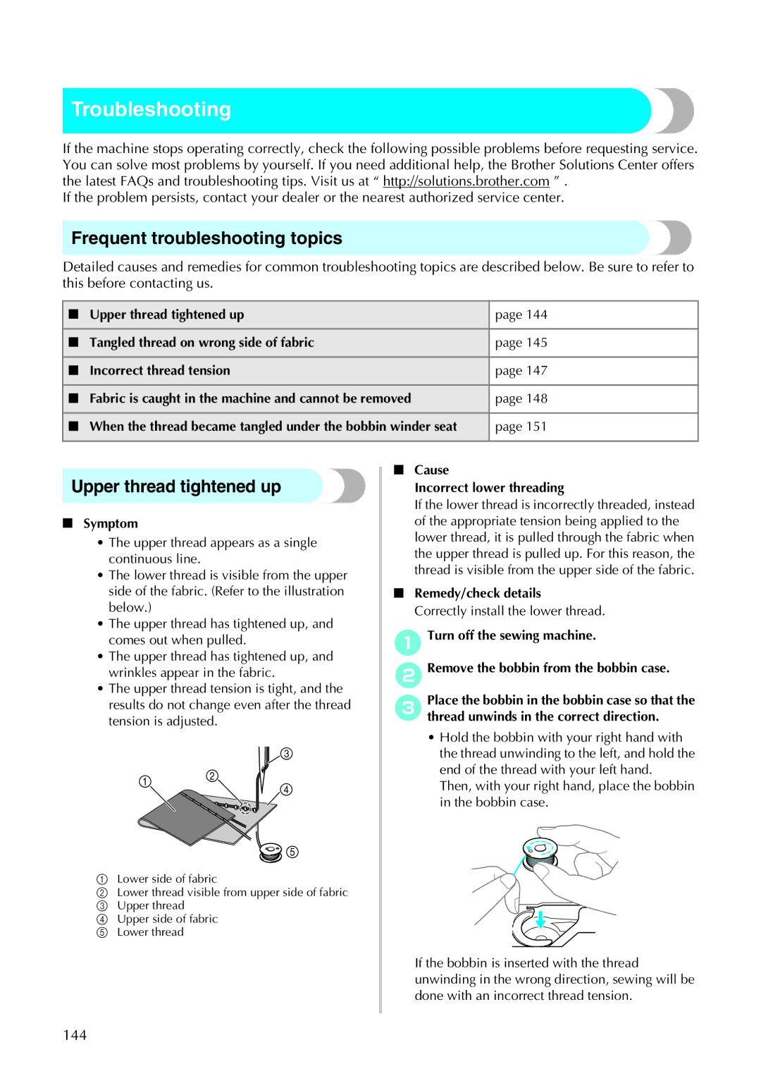 Brother 885-U22, 285C operation manual Troubleshooting, Frequent troubleshooting topics, Upper thread tightened up, 144 