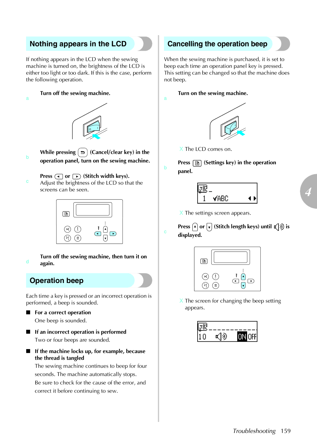 Brother 285C, 885-U22 operation manual Nothing appears in the LCD, Operation beep, Cancelling the operation beep 