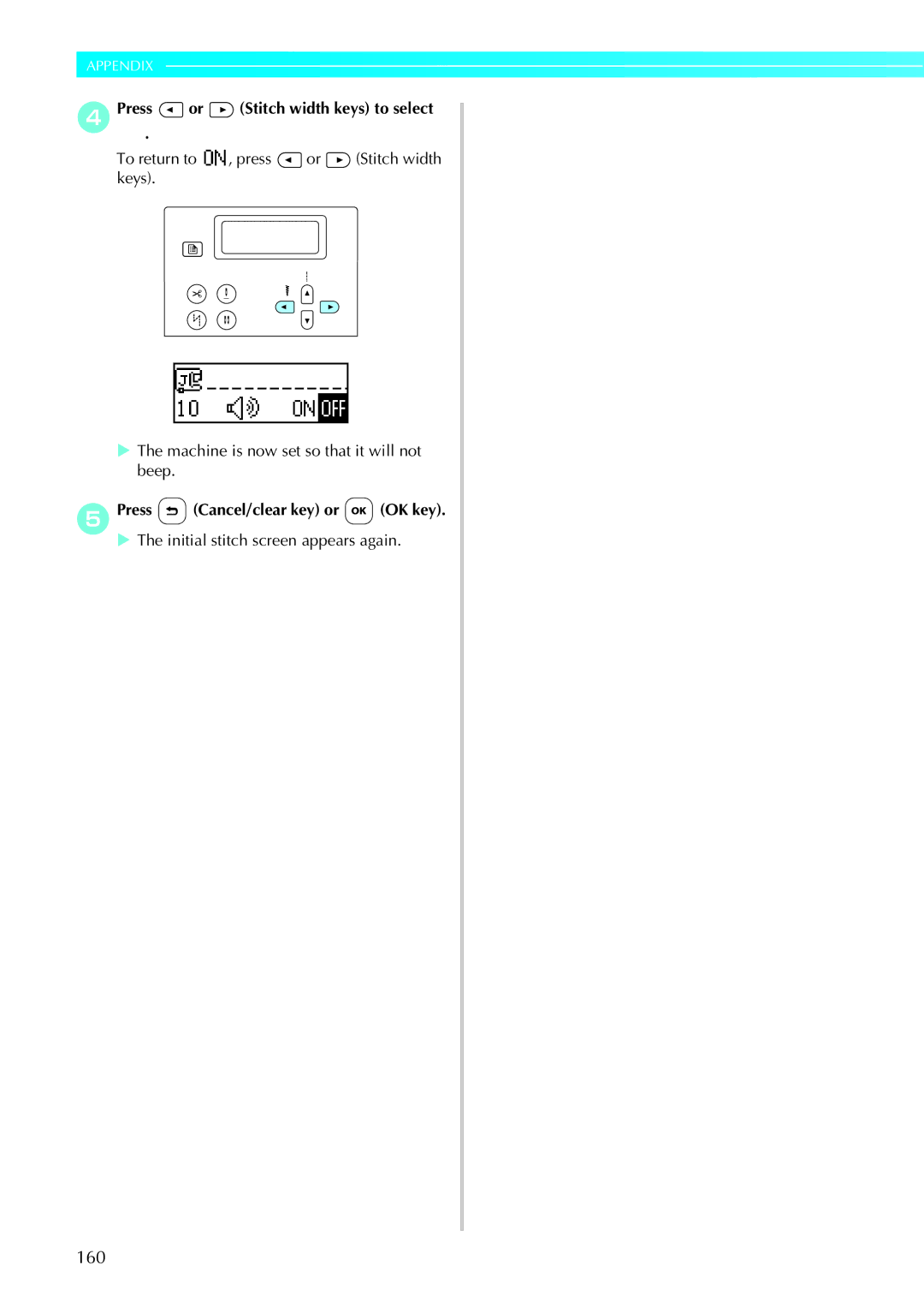 Brother 885-U22, 285C operation manual 160, EPress Cancel/clear key or OK key 