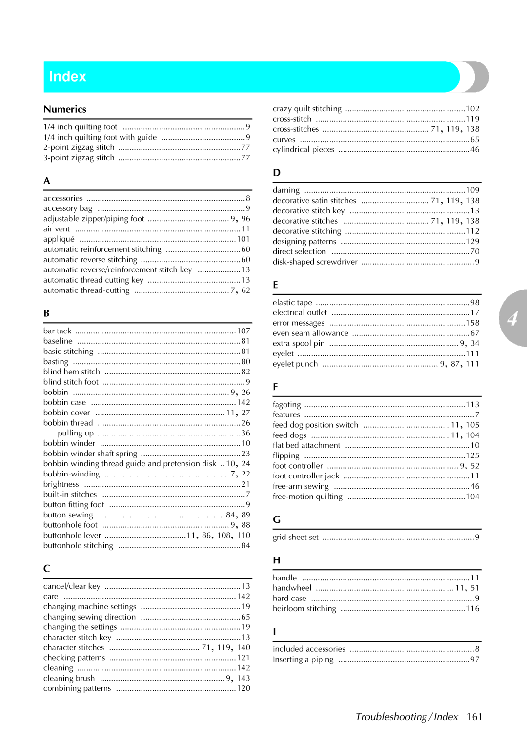 Brother 285C, 885-U22 operation manual Index, Numerics 