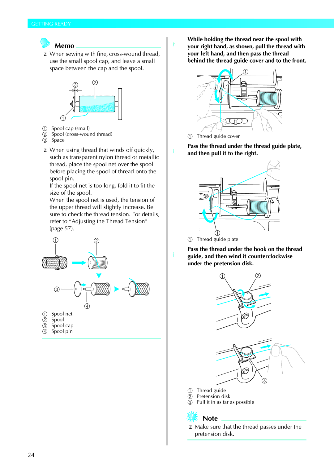 Brother 885-U22, 285C operation manual Make sure that the thread passes under the pretension disk 