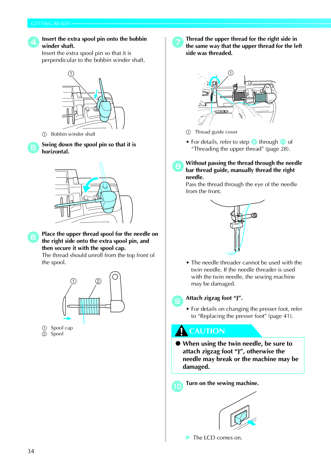 Brother 885-U22, 285C operation manual DInsert the extra spool pin onto the bobbin winder shaft, Attach zigzag foot J 