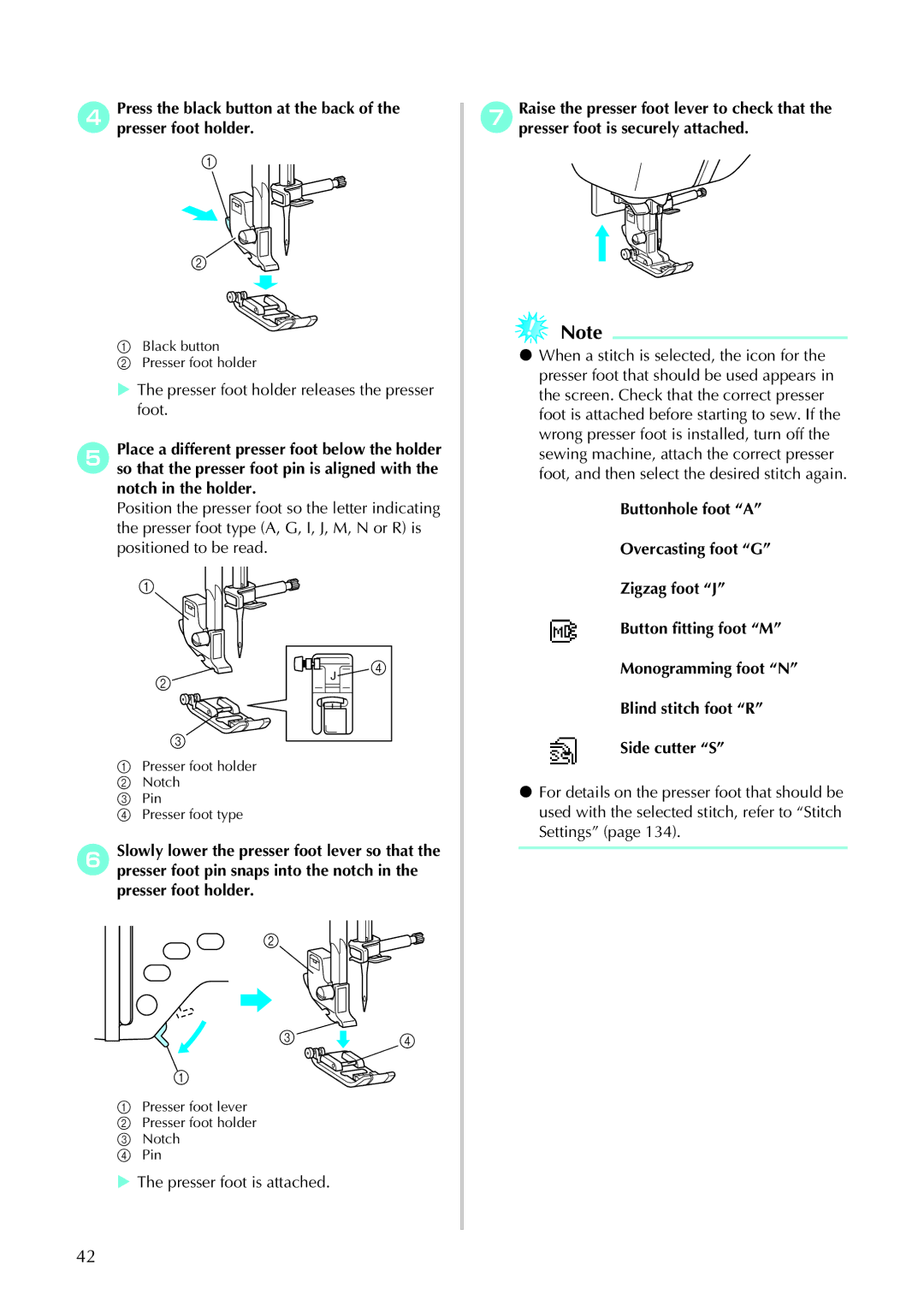 Brother 885-U22, 285C operation manual Presser foot holder releases the presser foot 