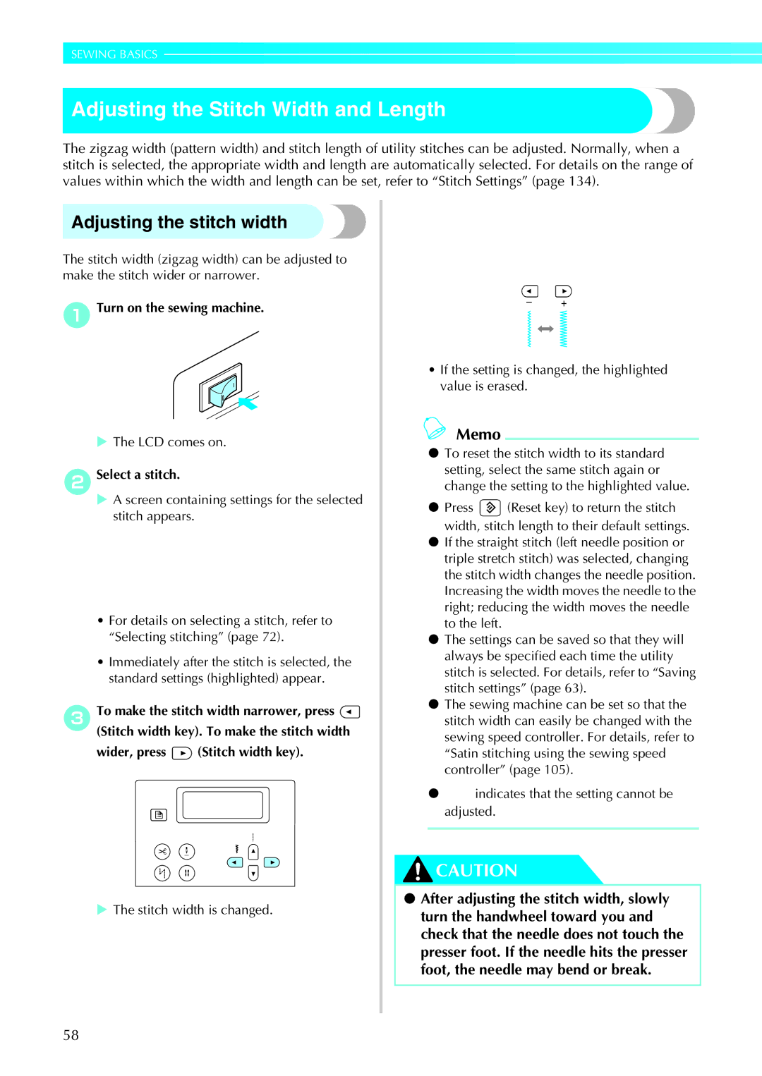 Brother 885-U22, 285C operation manual Adjusting the Stitch Width and Length, Adjusting the stitch width, BSelect a stitch 