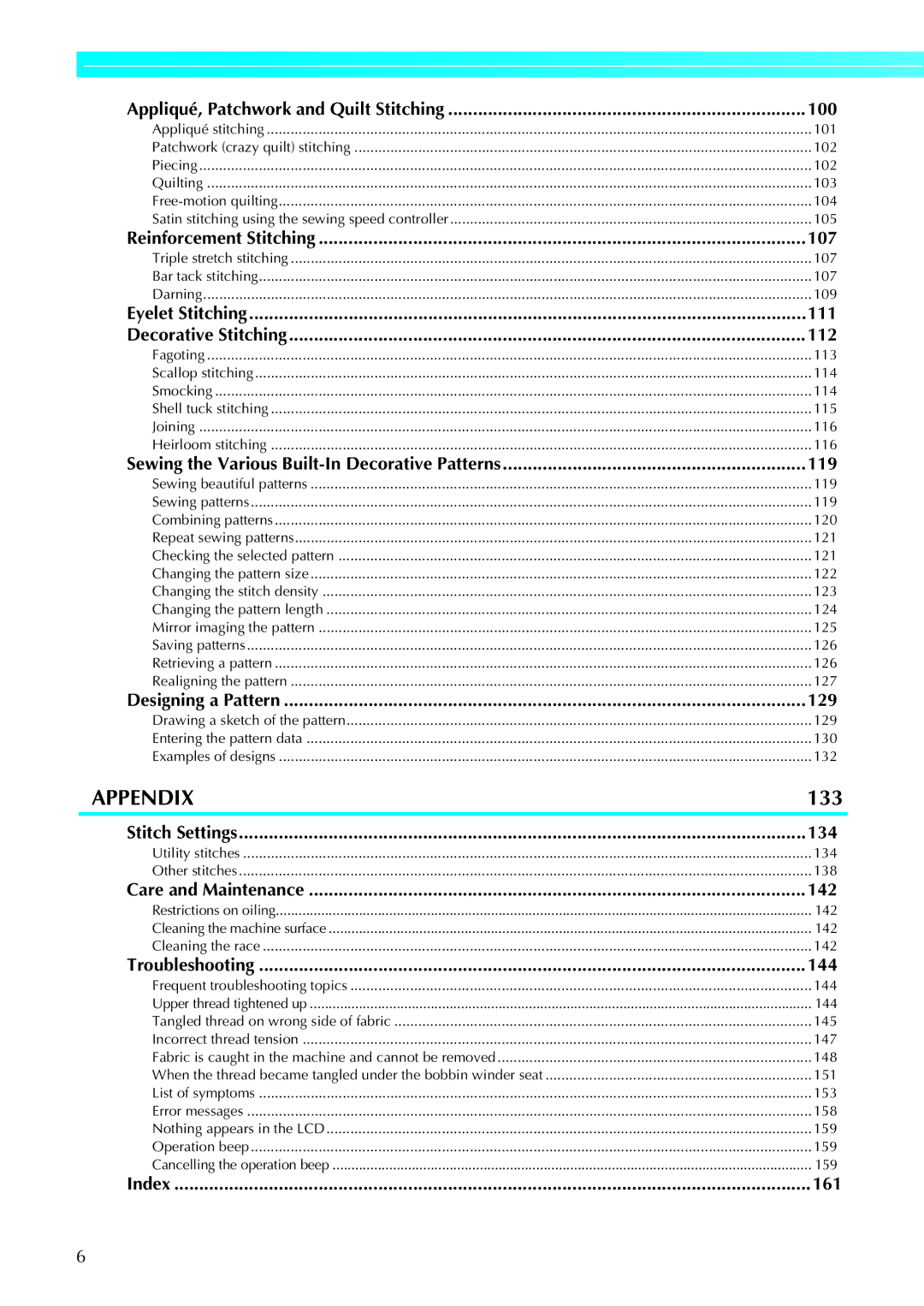 Brother 885-U22, 285C operation manual 100, 107, 111, 112, 119, 129, 134, 142, 144, 161 