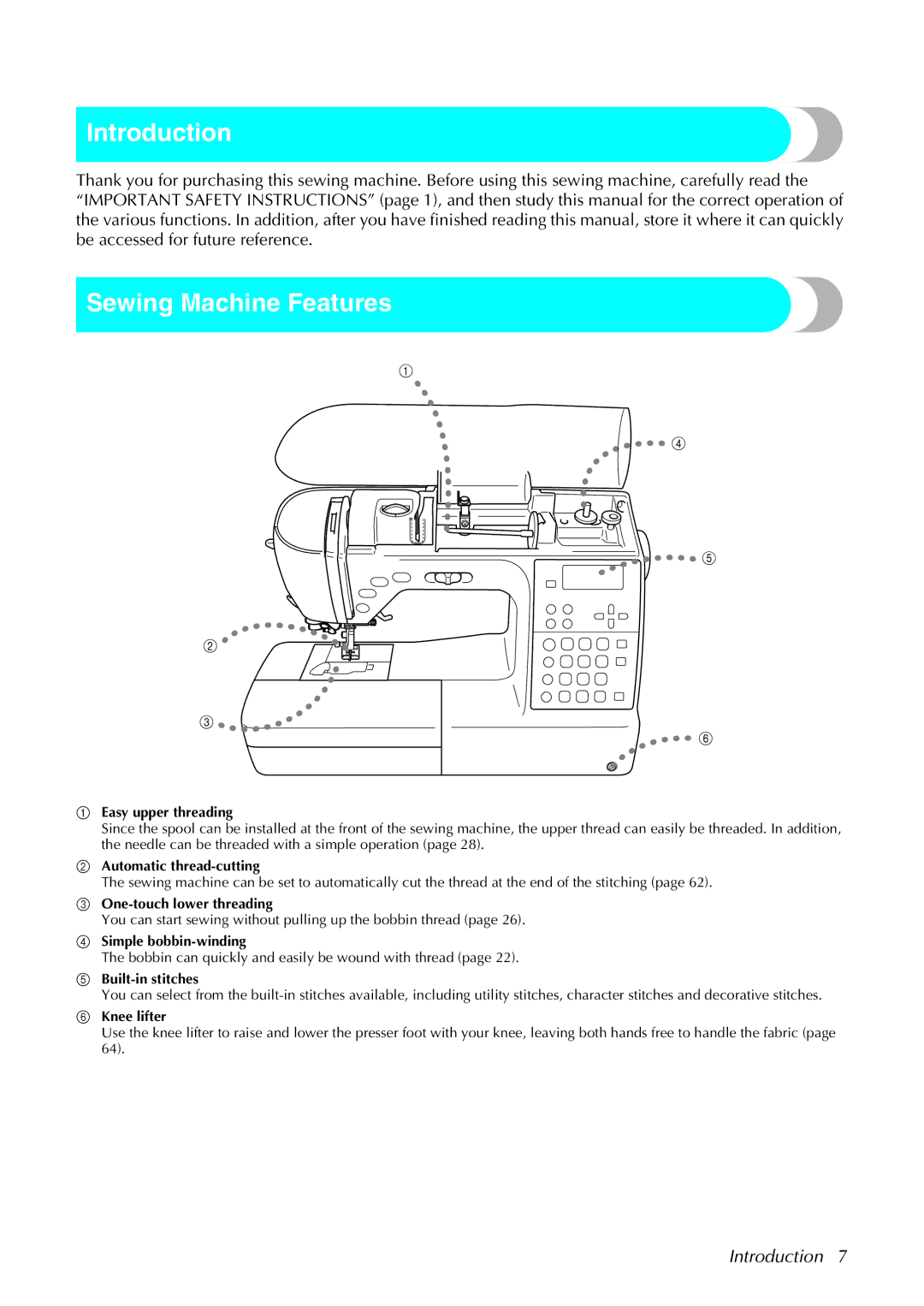 Brother 285C, 885-U22 operation manual Introduction, Sewing Machine Features 