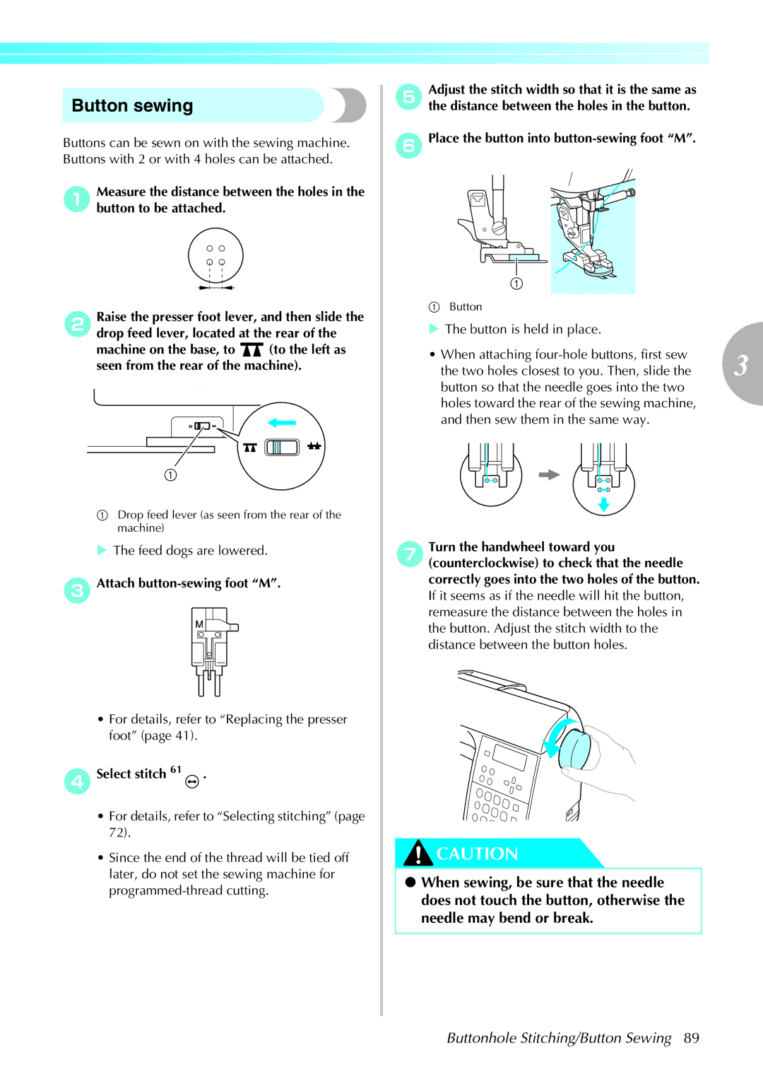 Brother 285C Button sewing, Attach button-sewing foot M, DSelect stitch, Place the button into button-sewing foot M 