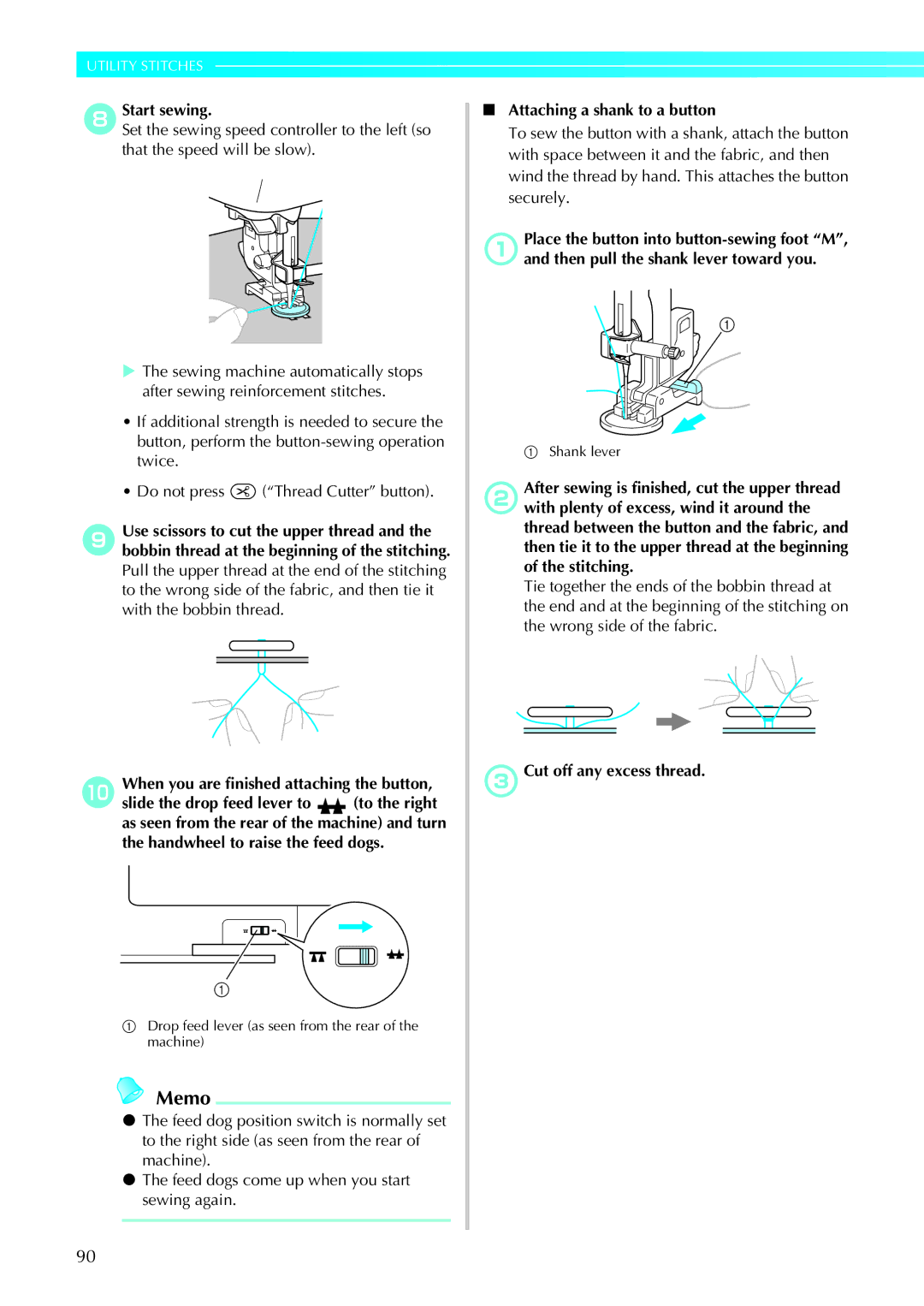 Brother 885-U22, 285C operation manual Attaching a shank to a button, CCut off any excess thread 