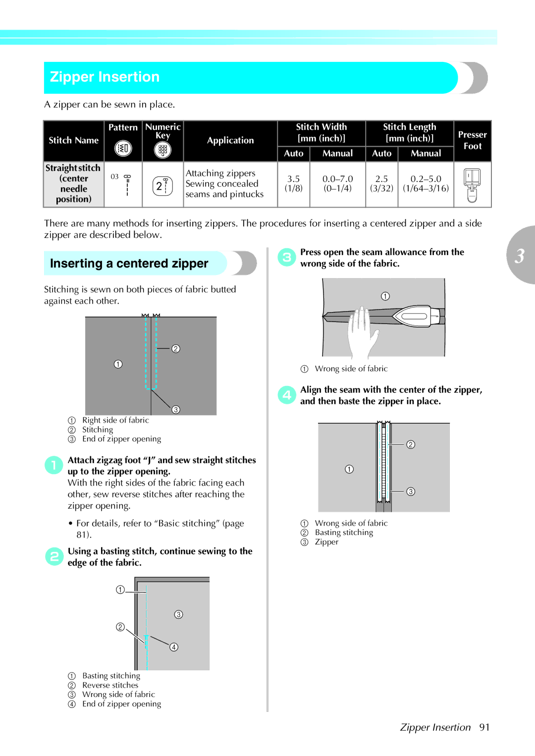 Brother 285C, 885-U22 operation manual Zipper Insertion, Inserting a centered zipper, Zipper can be sewn in place 