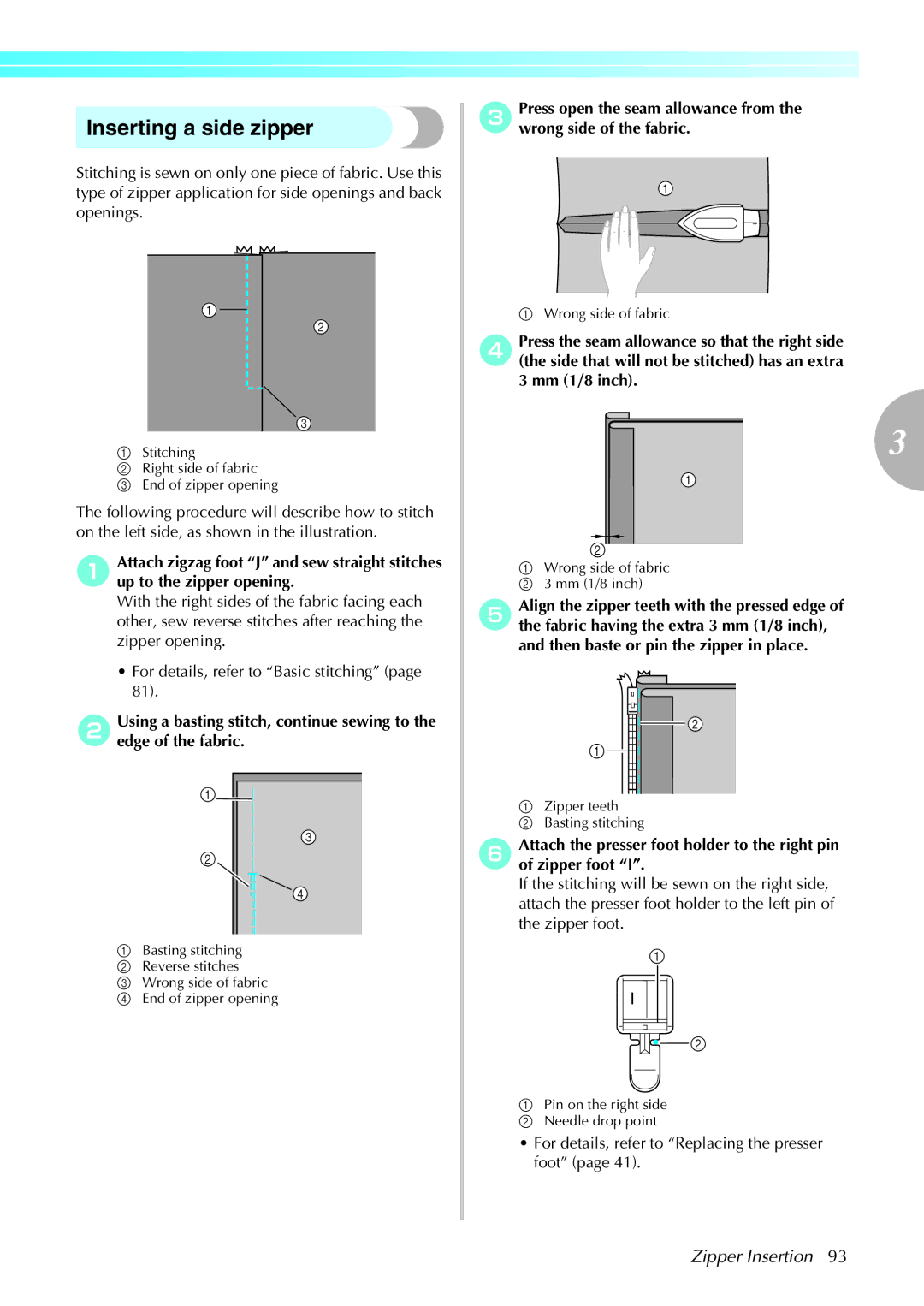 Brother 285C, 885-U22 operation manual Inserting a side zipper, Wrong side of fabric Mm 1/8 inch 