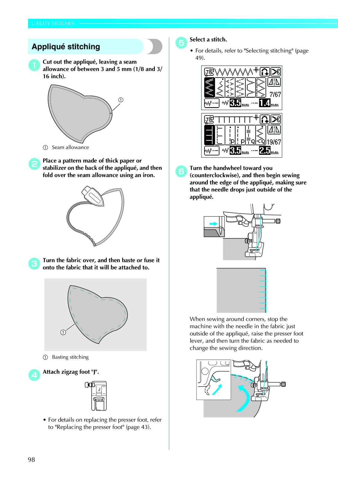 Brother 885-V31/V33 operation manual Appliqué stitching, DAttach zigzag foot J ESelect a stitch 