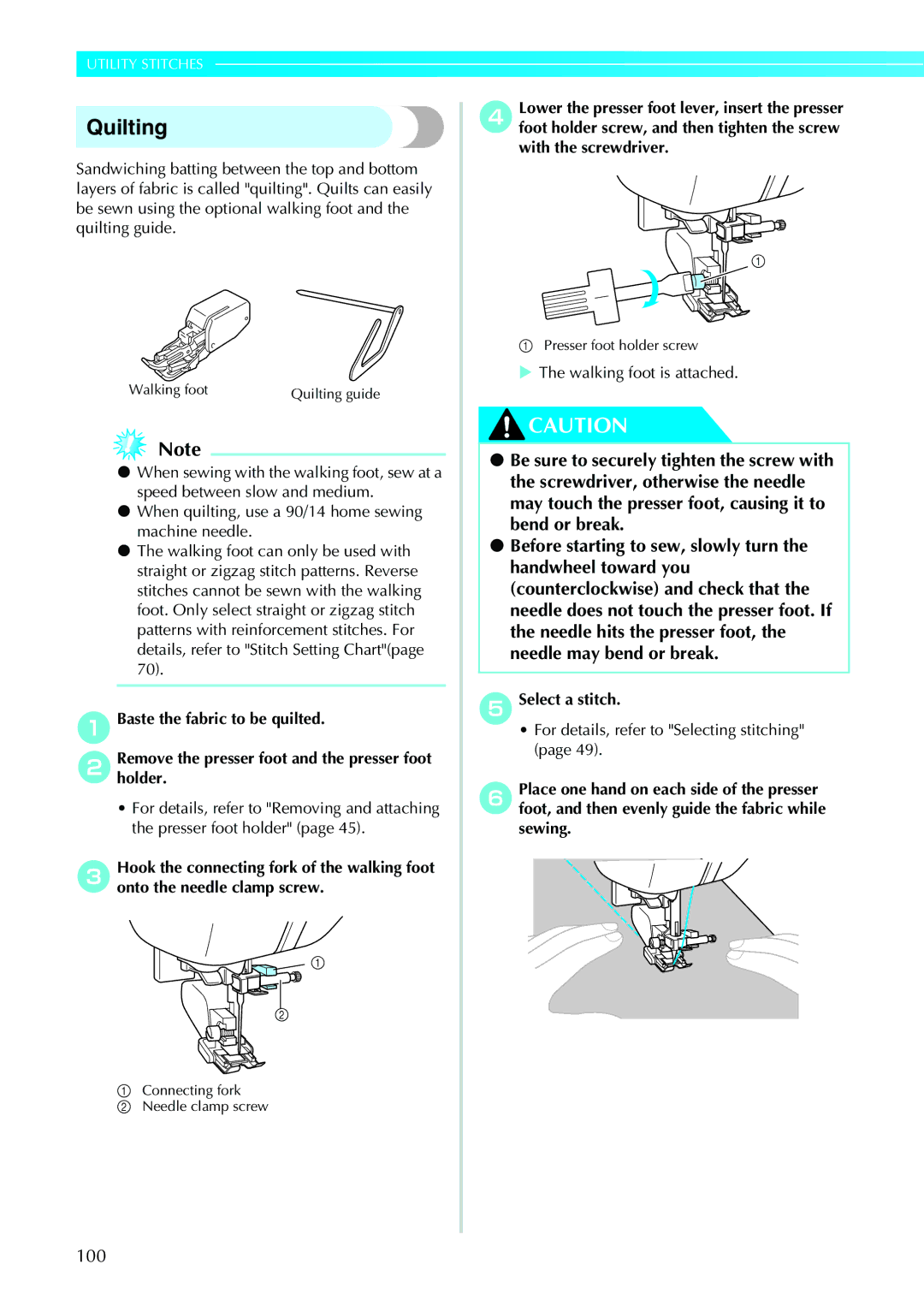 Brother 885-V31/V33 operation manual Quilting, ABaste the fabric to be quilted, Walking foot is attached 